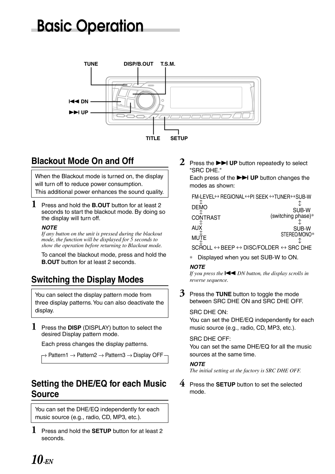 Alpine CDA-7878R owner manual Blackout Mode On and Off, Switching the Display Modes, Source, SRC DHE on, Src Dhe Off 