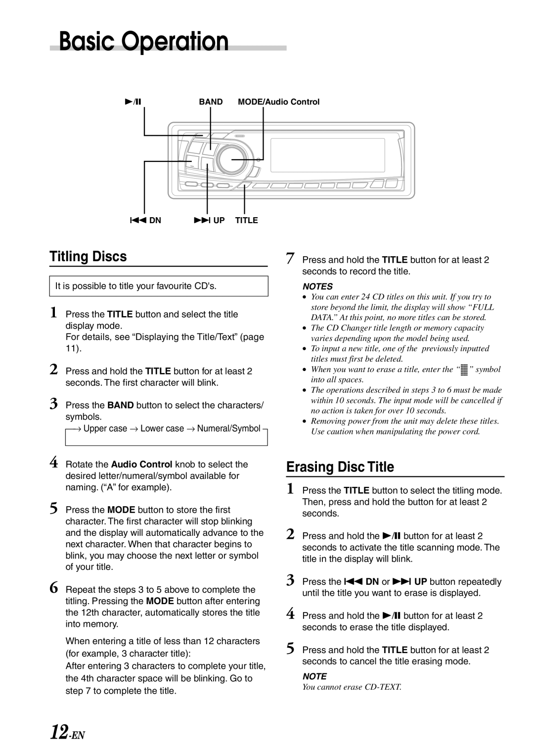 Alpine CDA-7878R owner manual Titling Discs, Erasing Disc Title 