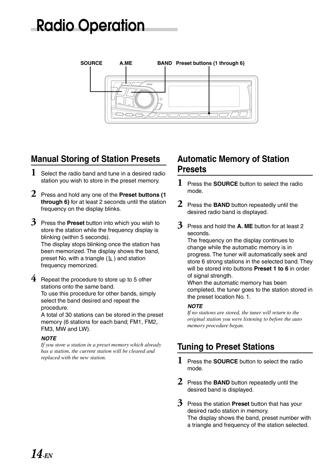 Alpine CDA-7878R owner manual Automatic Memory of Station Presets, Tuning to Preset Stations 