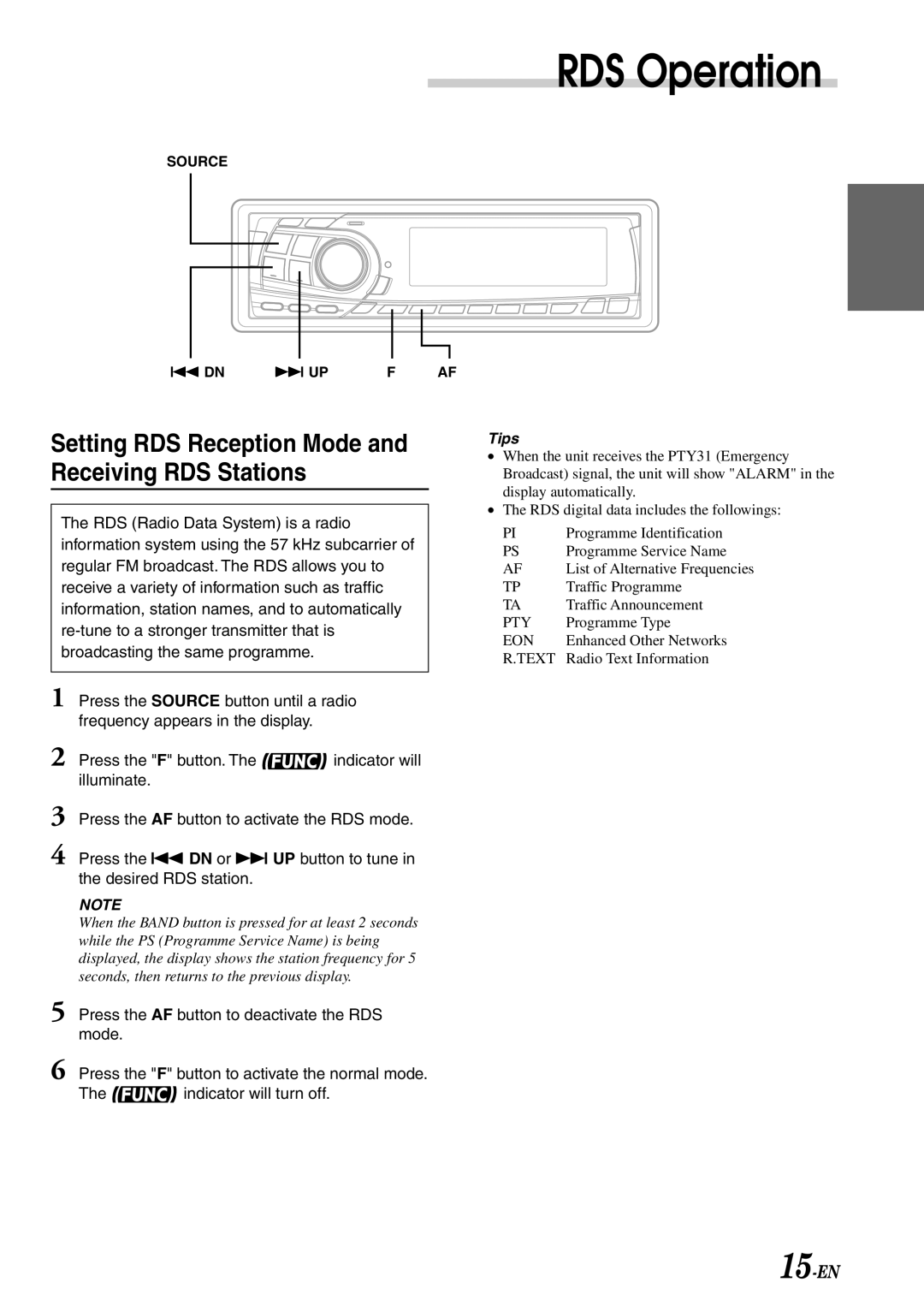 Alpine CDA-7878R owner manual RDS Operation, Setting RDS Reception Mode and Receiving RDS Stations 