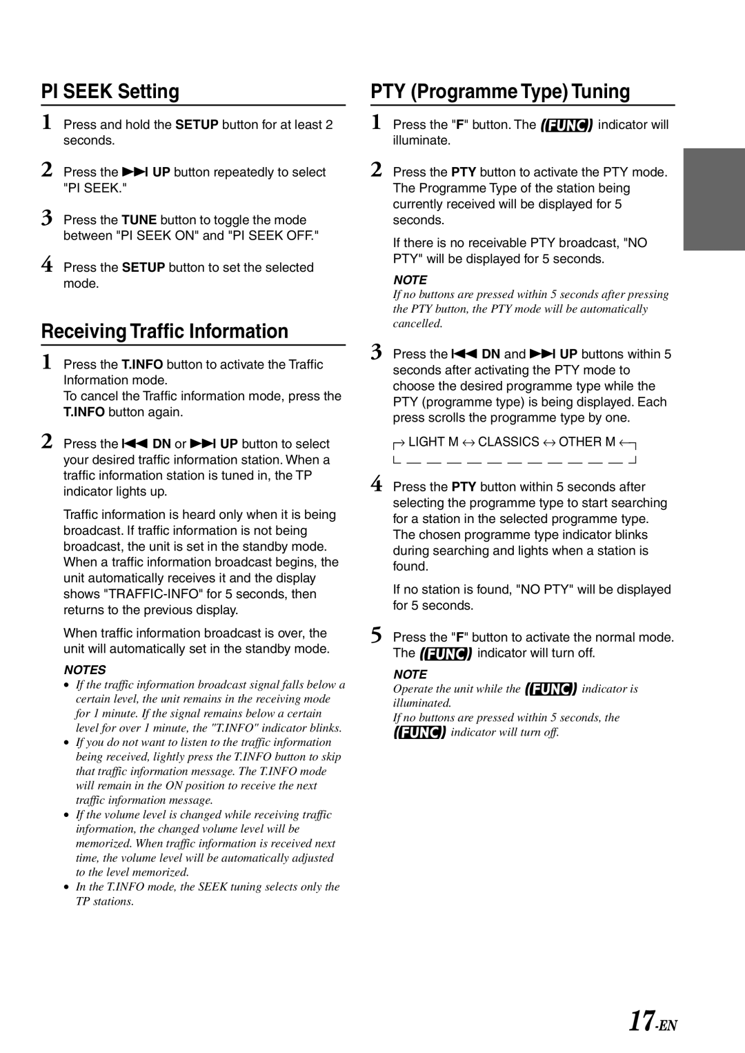 Alpine CDA-7878R owner manual PI Seek Setting, Receiving Traffic Information, PTY Programme Type Tuning 