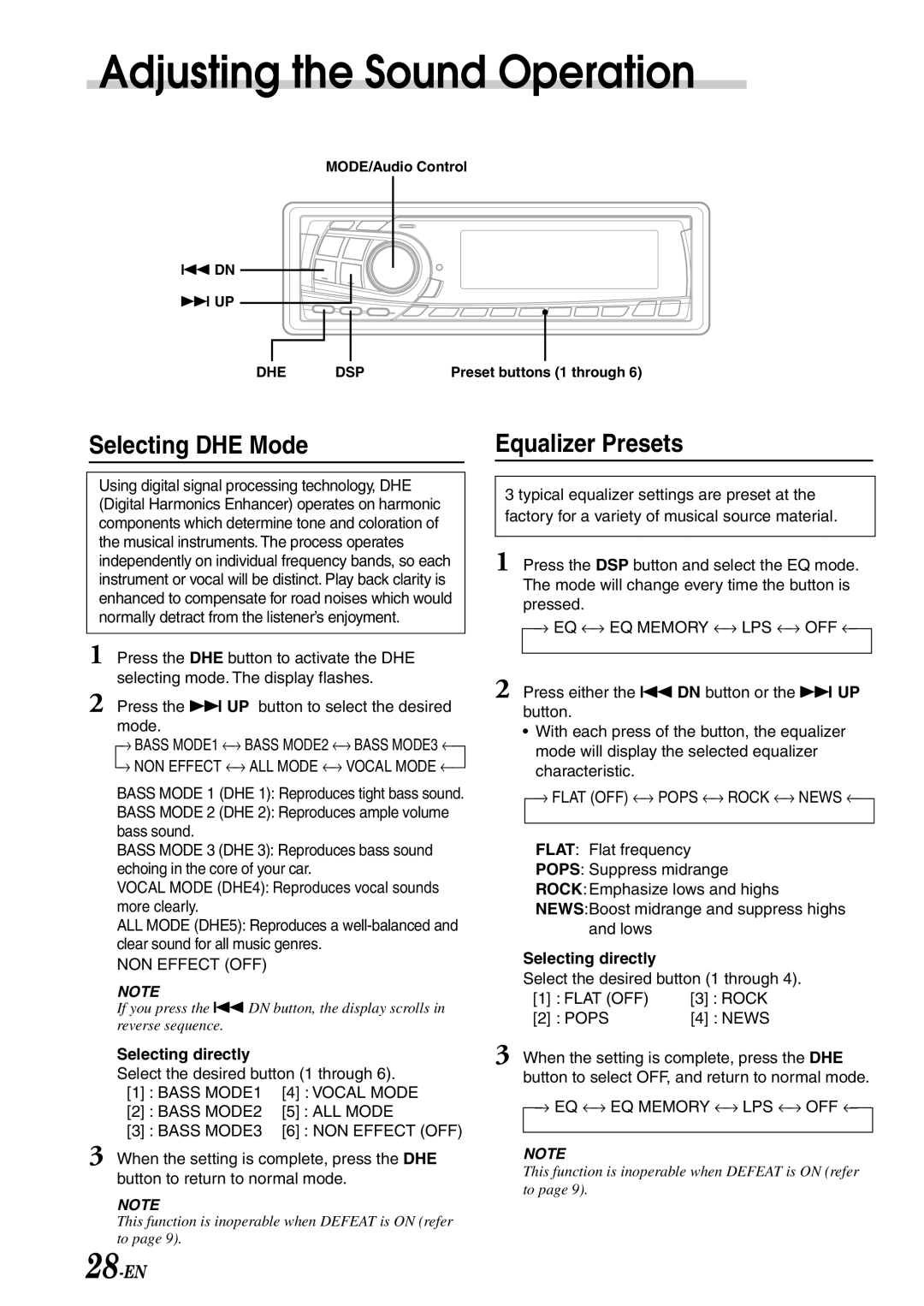 Alpine CDA-7878R owner manual Adjusting the Sound Operation, Selecting DHE Mode, Equalizer Presets, Selecting directly 