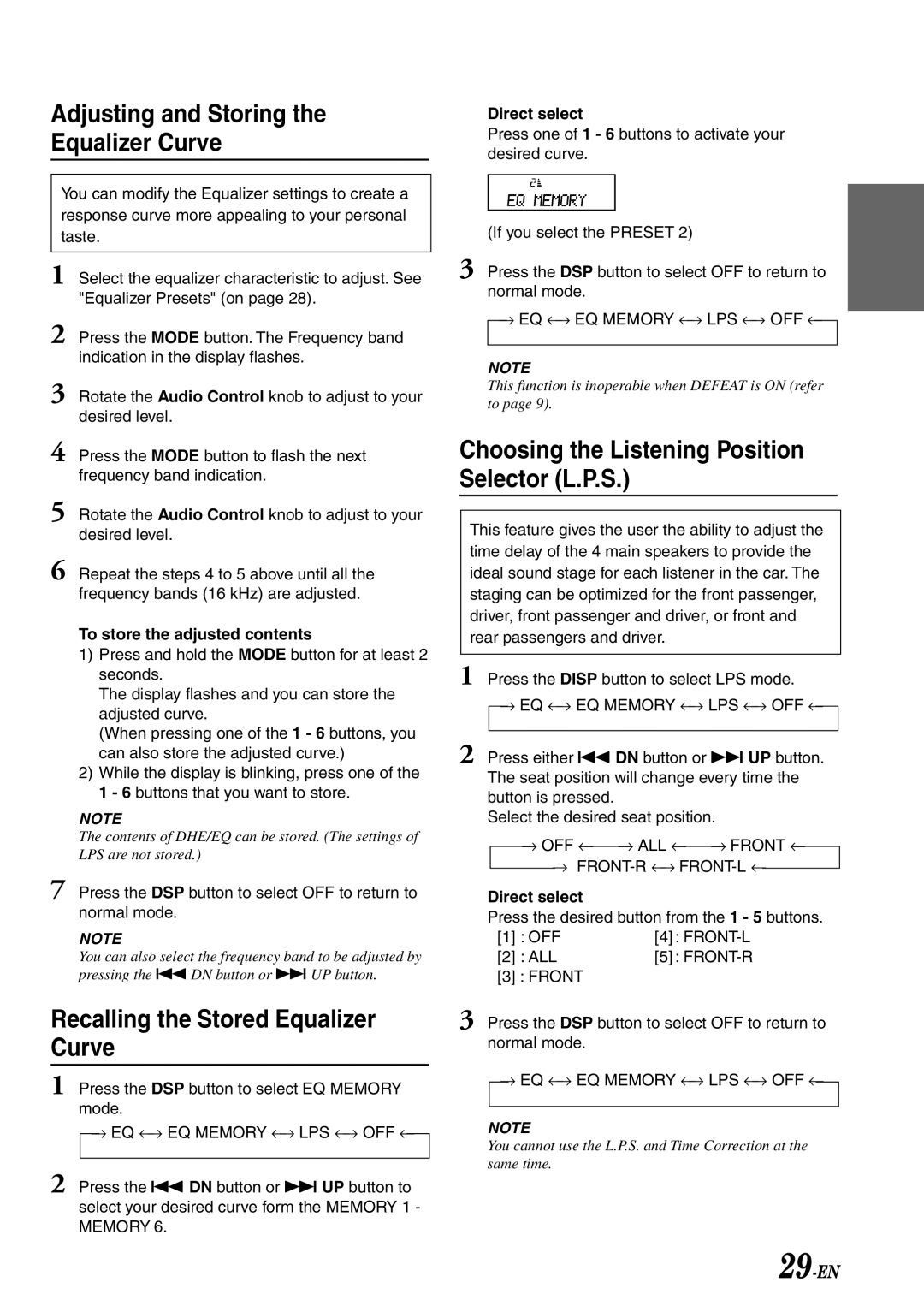 Alpine CDA-7878R owner manual Adjusting and Storing Equalizer Curve, Recalling the Stored Equalizer Curve, Direct select 
