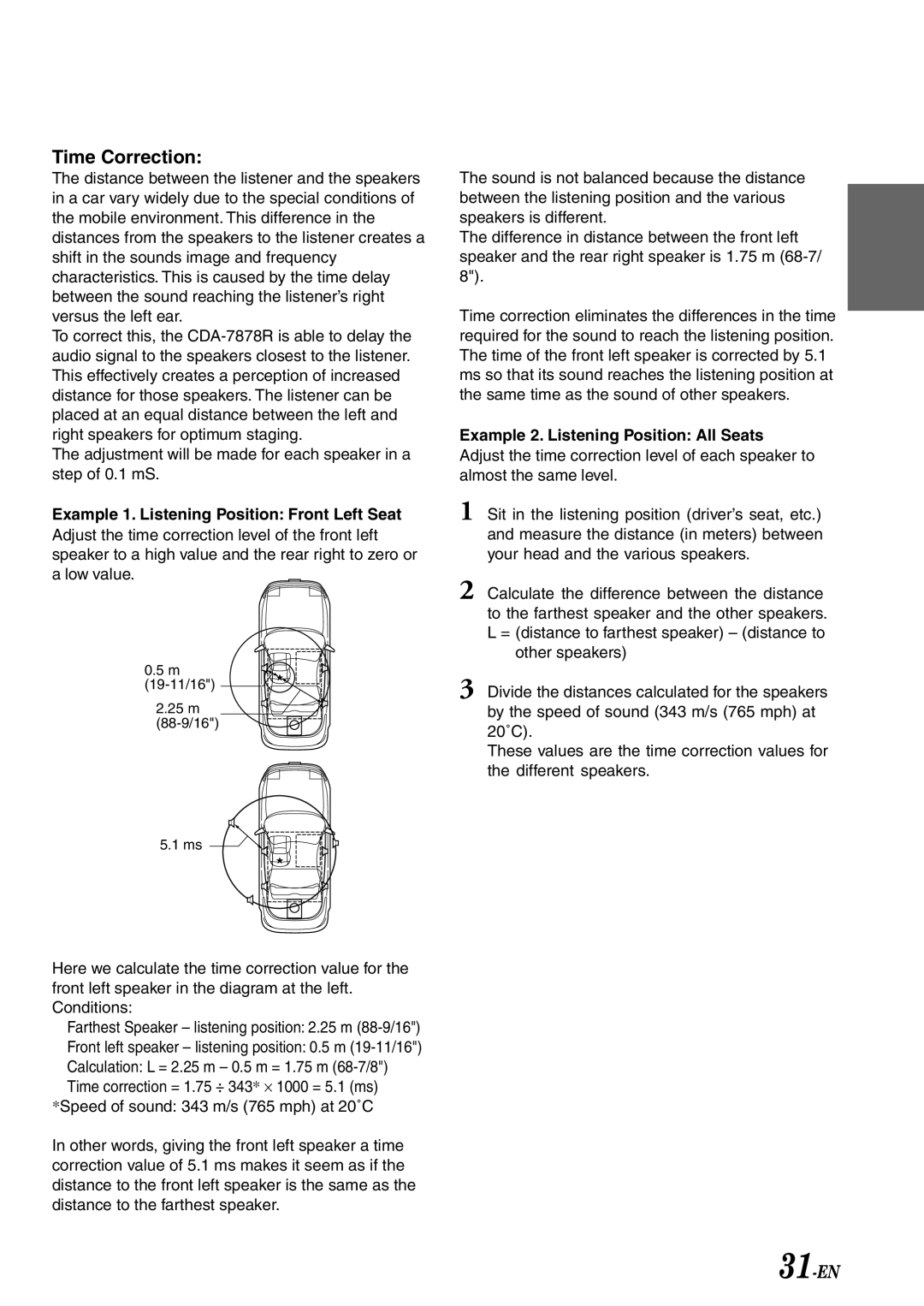 Alpine CDA-7878R owner manual Example 1. Listening Position Front Left Seat, Example 2. Listening Position All Seats 