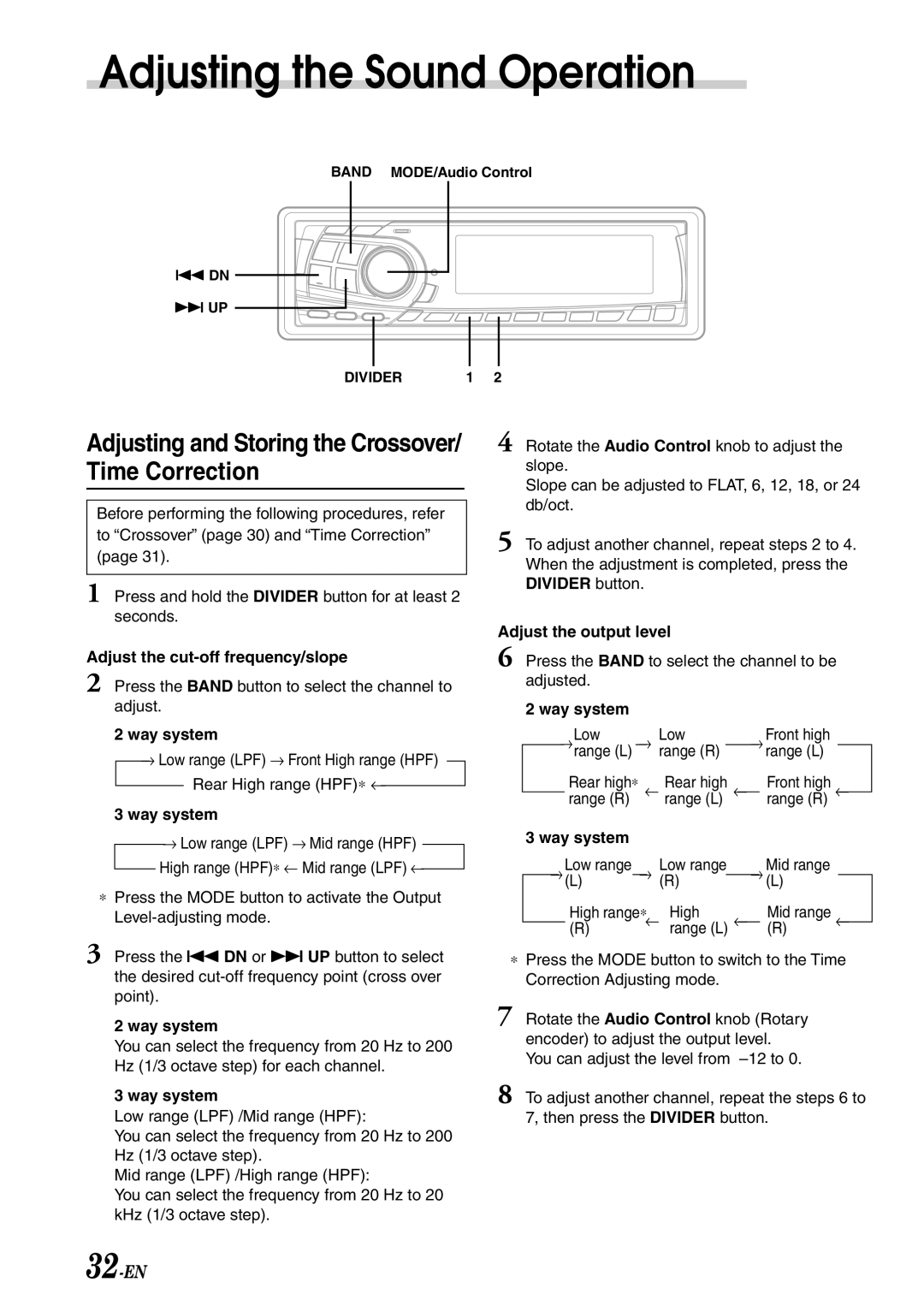 Alpine CDA-7878R Adjusting and Storing the Crossover/ Time Correction, Adjust the cut-off frequency/slope, Way system 