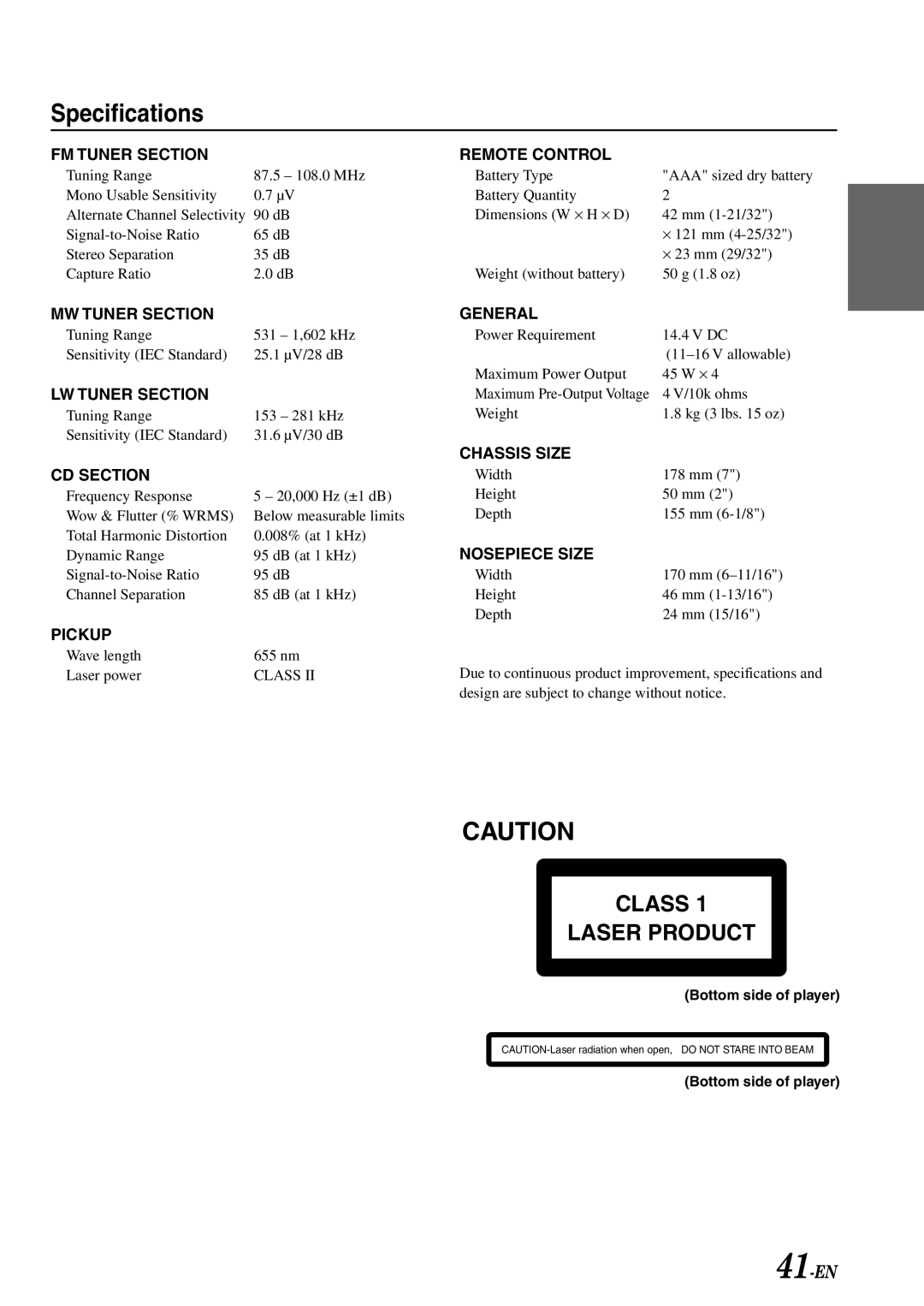 Alpine CDA-7878R owner manual Specifications, FM Tuner Section 