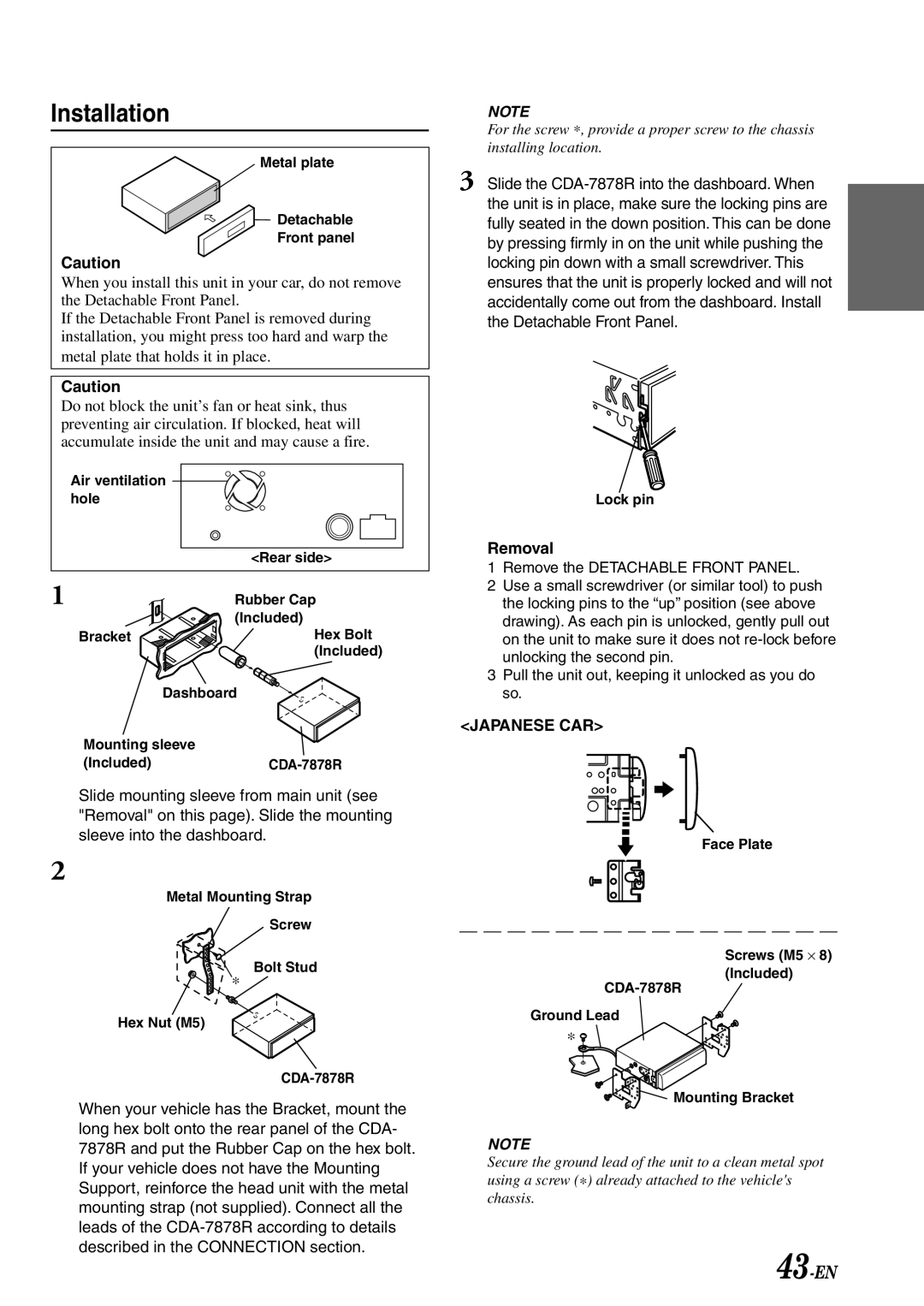 Alpine CDA-7878R owner manual Installation, Removal 