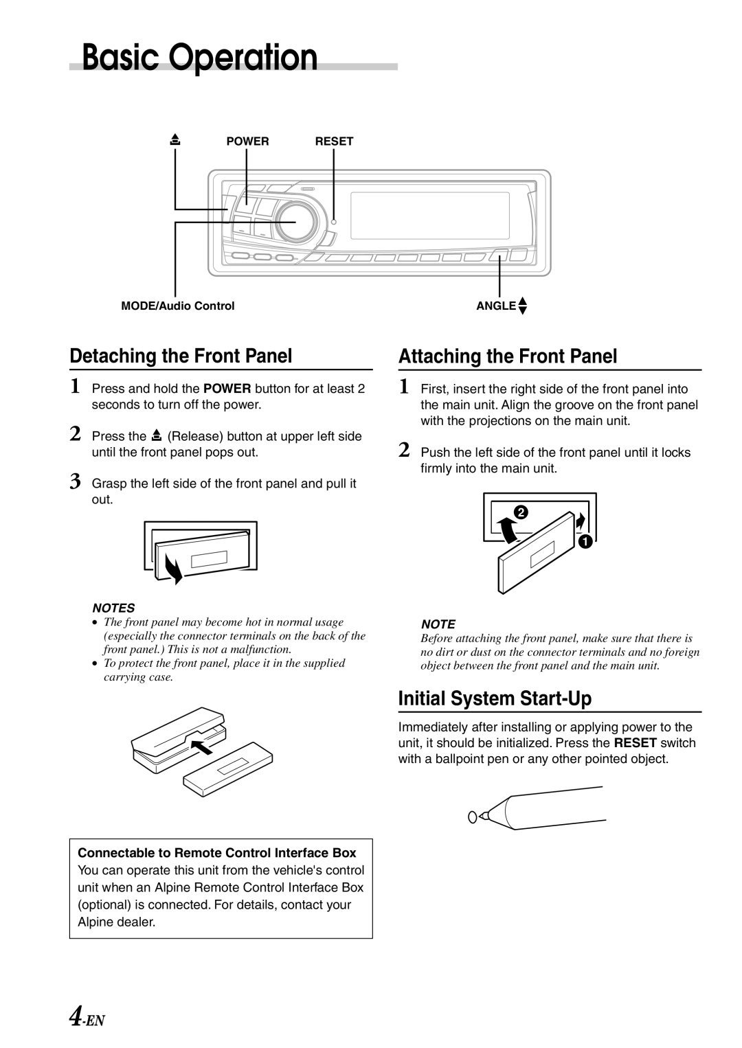 Alpine CDA-7878R Basic Operation, Detaching the Front Panel, Attaching the Front Panel, Initial System Start-Up 