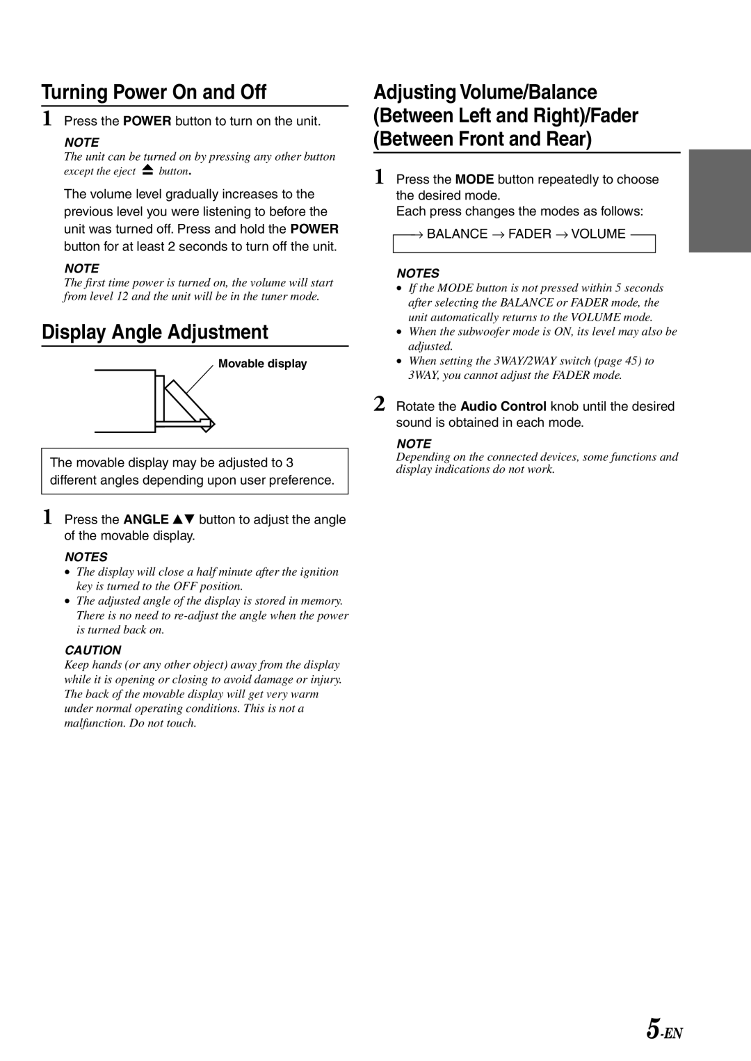 Alpine CDA-7878R Turning Power On and Off, Display Angle Adjustment, Press the Power button to turn on the unit 