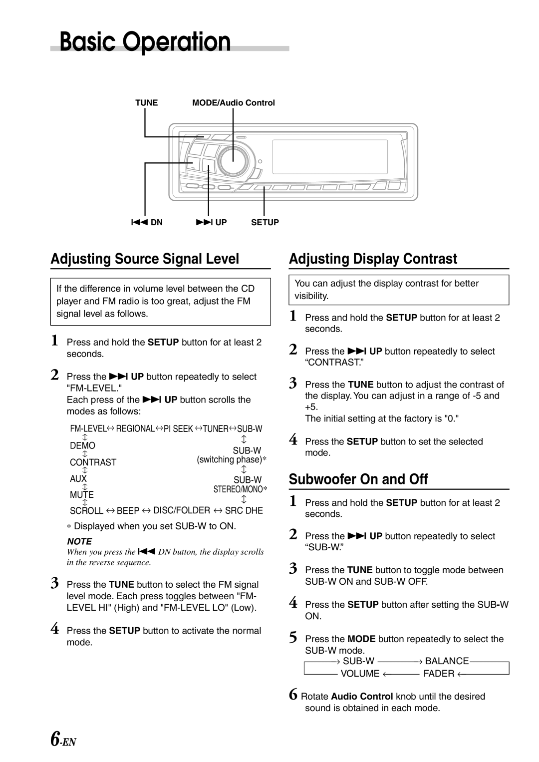 Alpine CDA-7878R owner manual Adjusting Source Signal Level, Contrast, Aux Sub-W, Scroll ↔ Beep ↔ DISC/FOLDER ↔ SRC DHE 