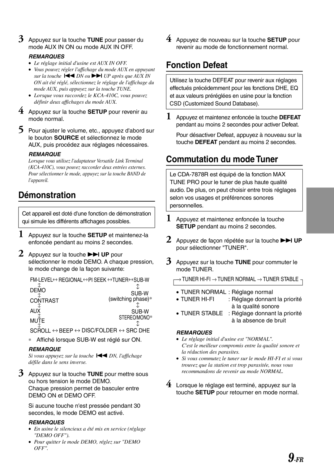 Alpine CDA-7878R owner manual Démonstration, Fonction Defeat, Commutation du mode Tuner 