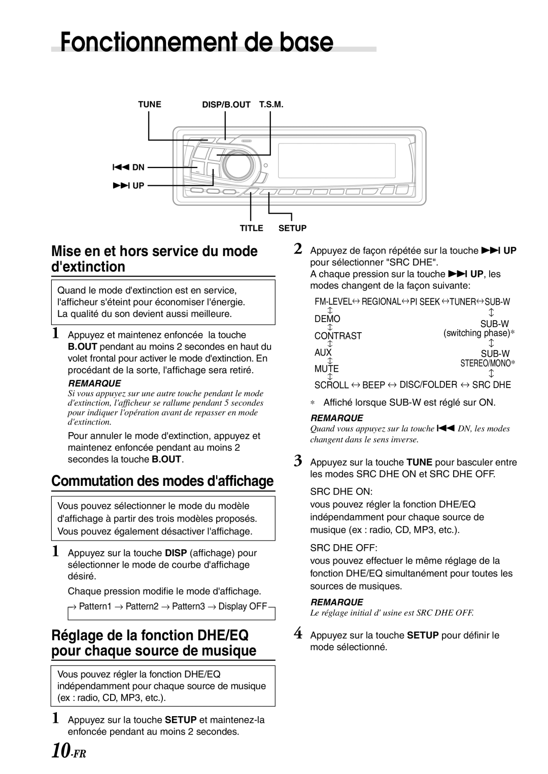 Alpine CDA-7878R owner manual Mise en et hors service du mode dextinction, SRC DHE on, Src Dhe Off 