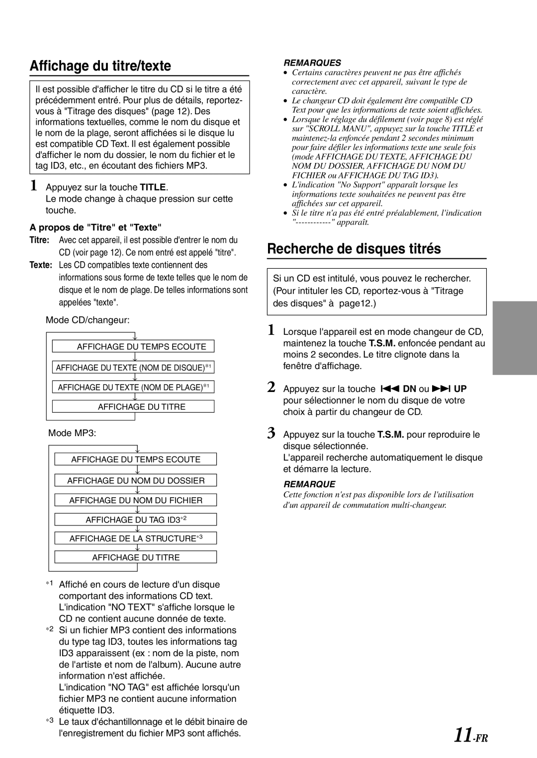 Alpine CDA-7878R owner manual Affichage du titre/texte, Recherche de disques titrés, Propos de Titre et Texte, Mode MP3 