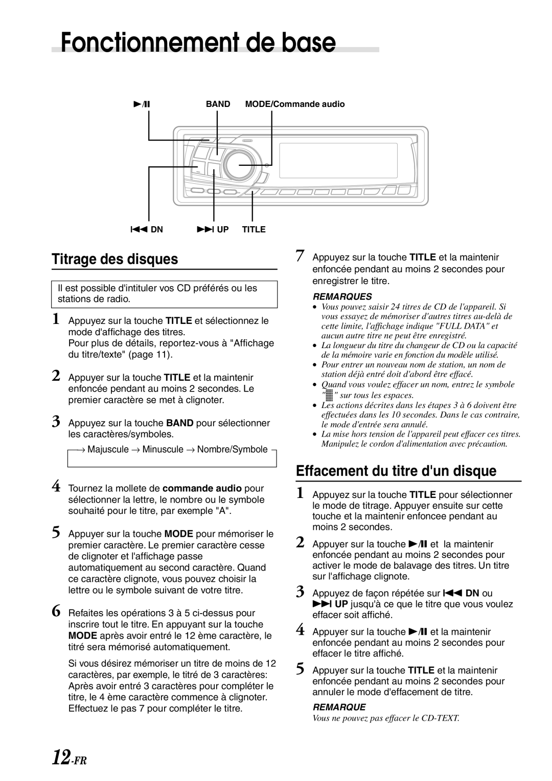 Alpine CDA-7878R owner manual Titrage des disques, Effacement du titre dun disque 