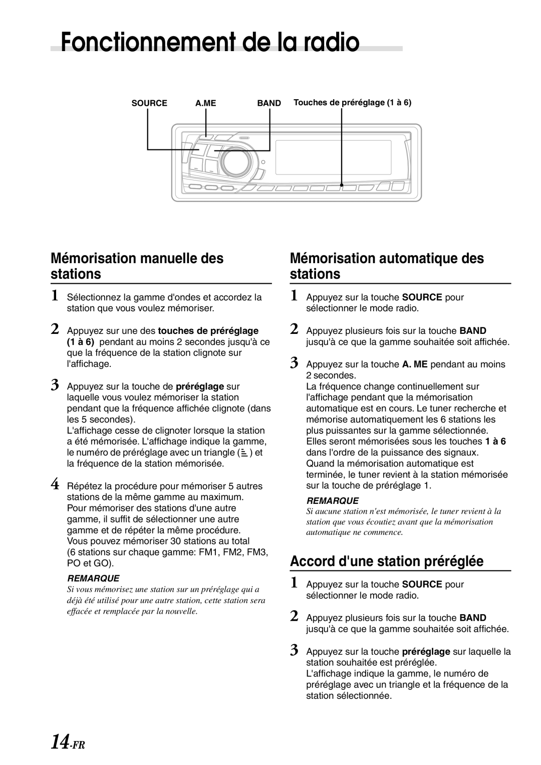 Alpine CDA-7878R Mémorisation manuelle des stations, Mémorisation automatique des stations, Accord dune station préréglée 