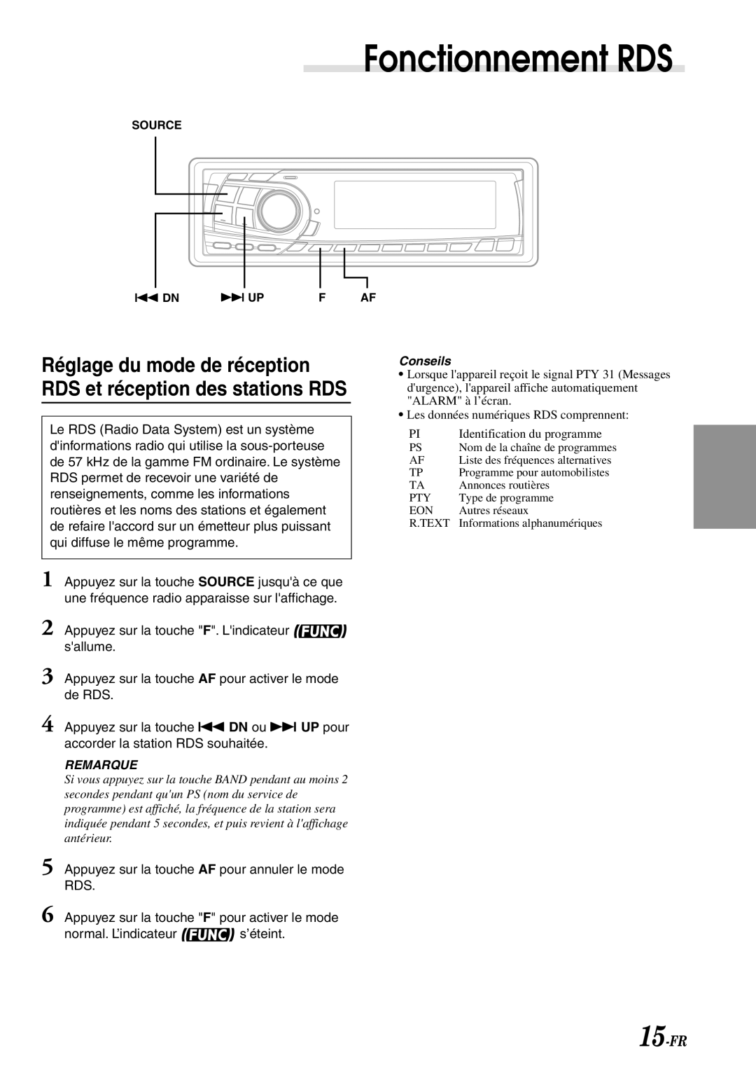 Alpine CDA-7878R owner manual Fonctionnement RDS, Conseils 