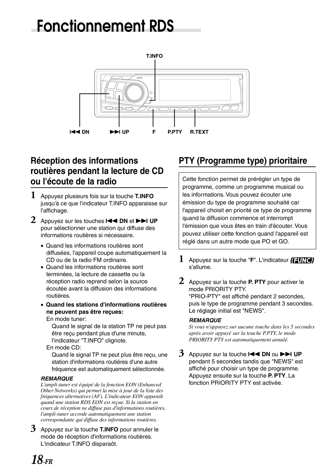 Alpine CDA-7878R owner manual PTY Programme type prioritaire, 18-FR 