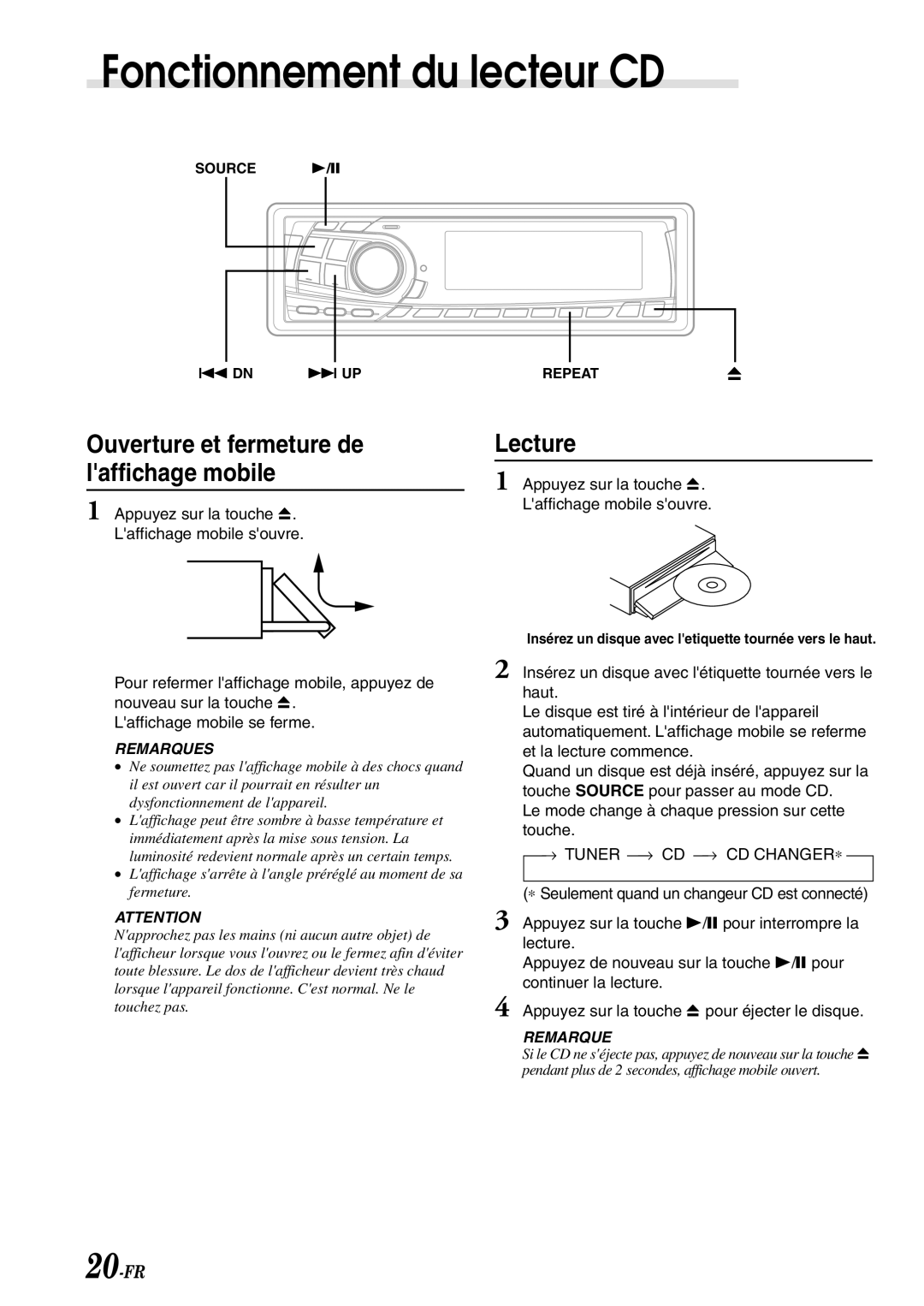 Alpine CDA-7878R owner manual Fonctionnement du lecteur CD, Ouverture et fermeture de laffichage mobile, Lecture 