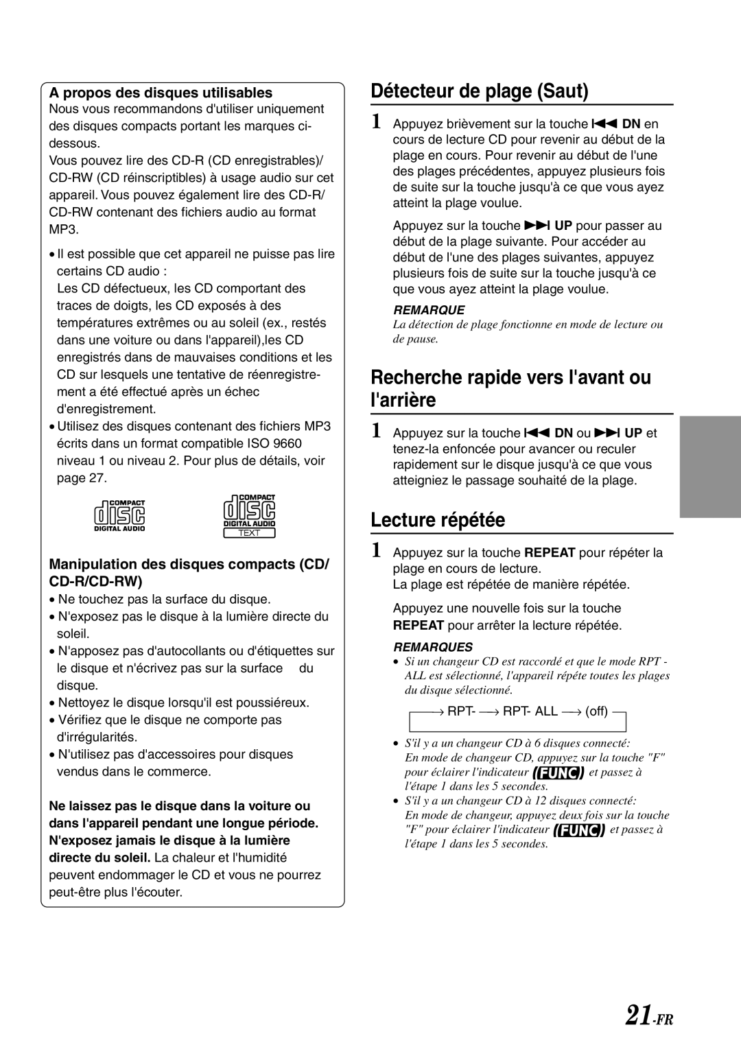 Alpine CDA-7878R owner manual Détecteur de plage Saut, Recherche rapide vers lavant ou larrière, Lecture répétée 