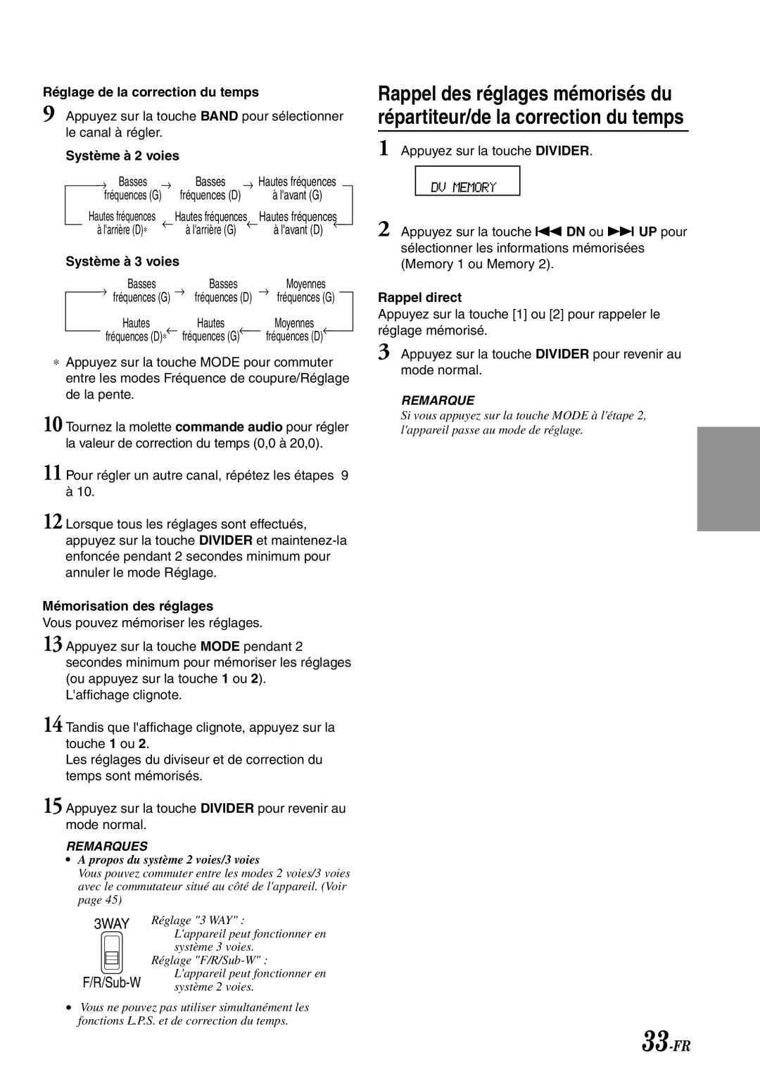 Alpine CDA-7878R owner manual Réglage de la correction du temps, → Basses, Mémorisation des réglages, Rappel direct 