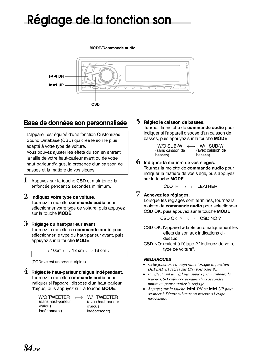 Alpine CDA-7878R Indiquez votre type de voiture, Réglage du haut-parleur avant, Réglez le haut-parleur daigus indépendant 