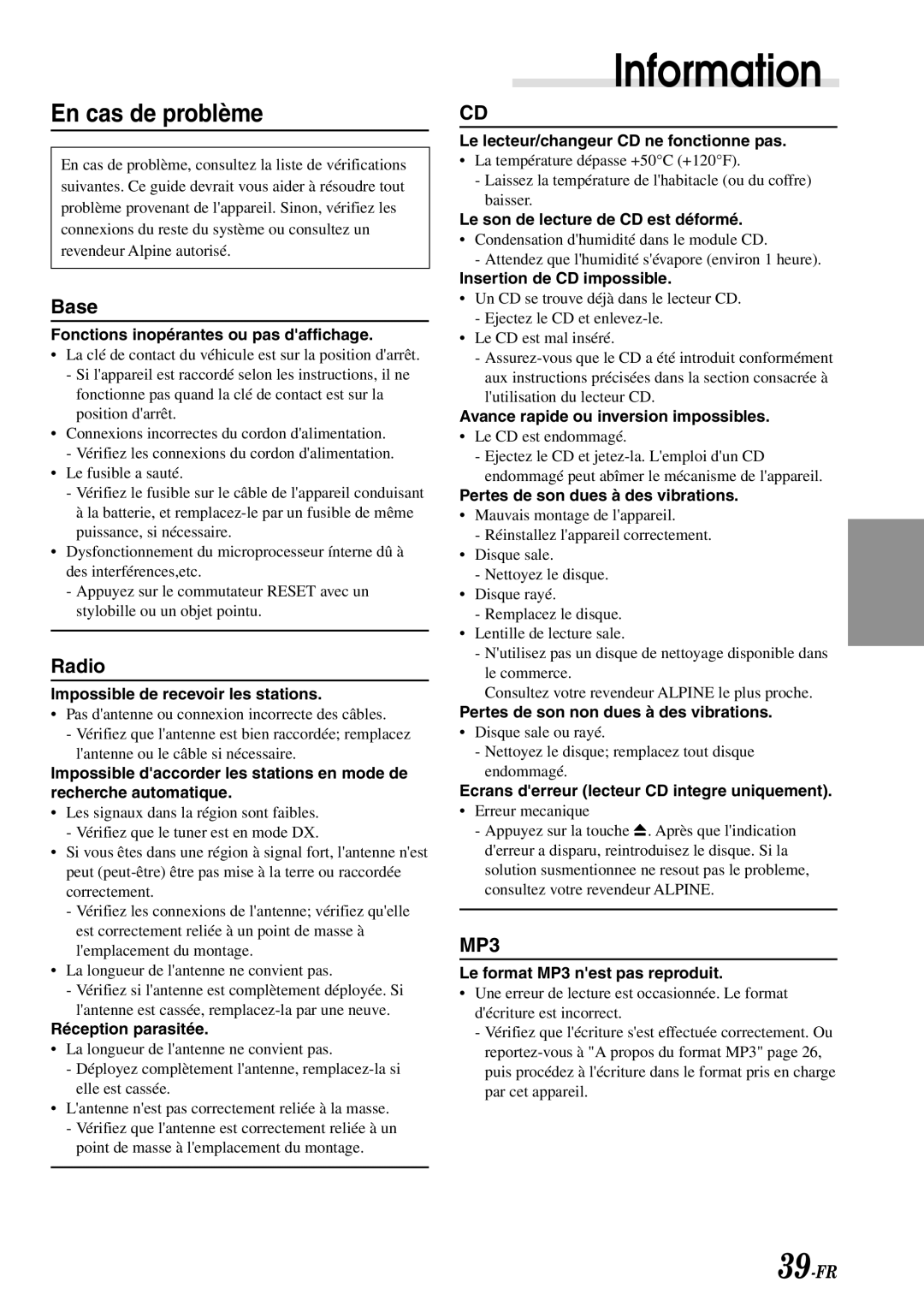 Alpine CDA-7878R owner manual Information, En cas de problème 