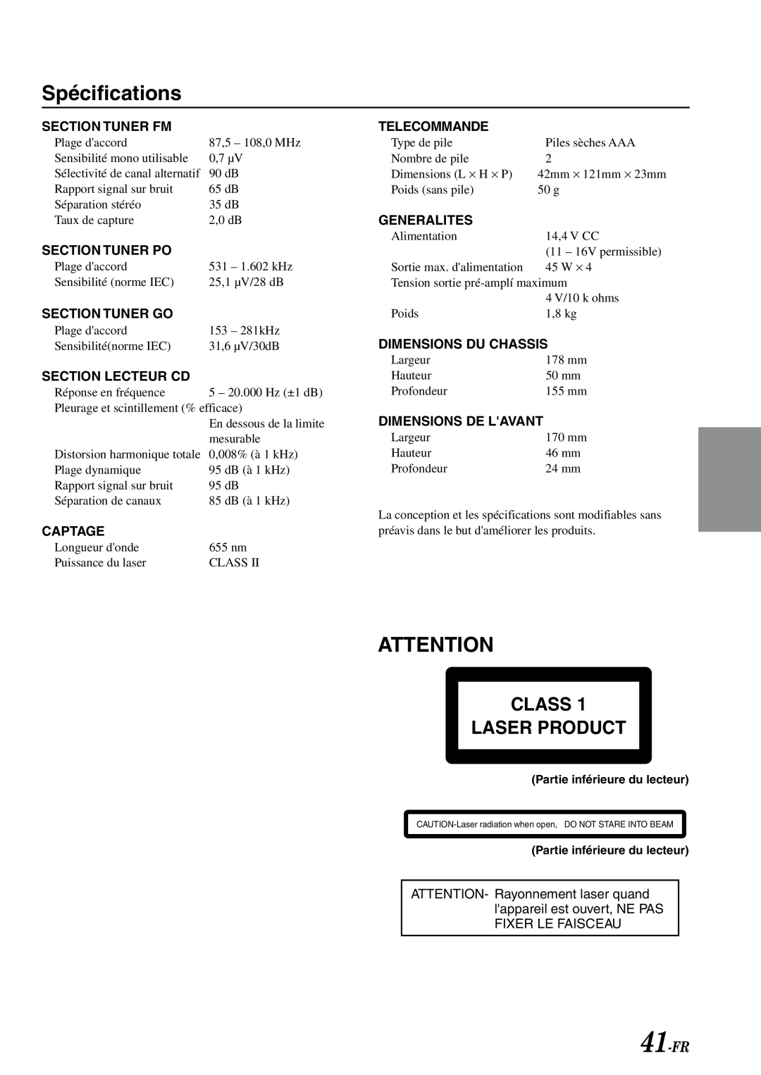 Alpine CDA-7878R owner manual Spécifications, Section Tuner FM 