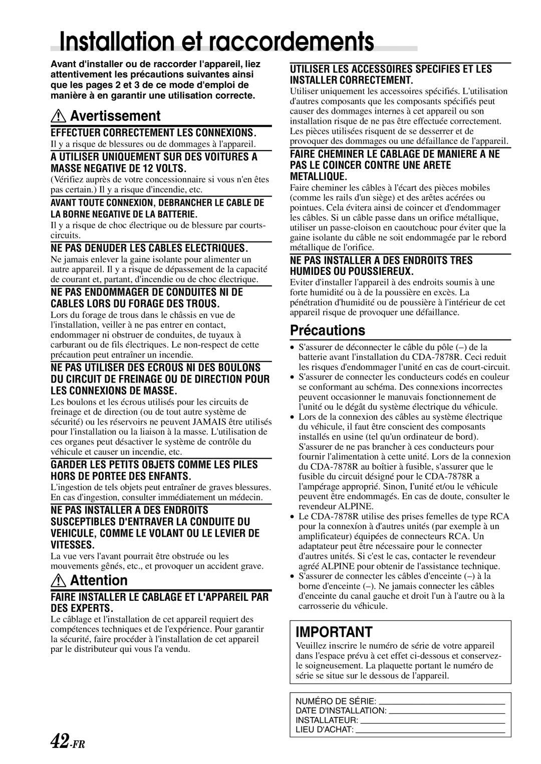 Alpine CDA-7878R owner manual Installation et raccordements, Avertissement, Précautions 