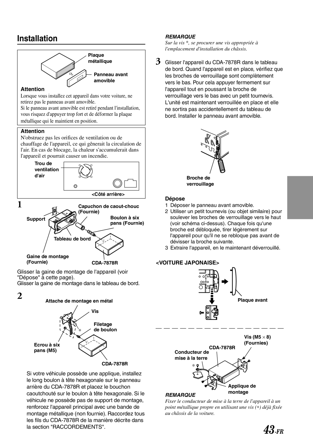 Alpine CDA-7878R owner manual Installation, Dépose 