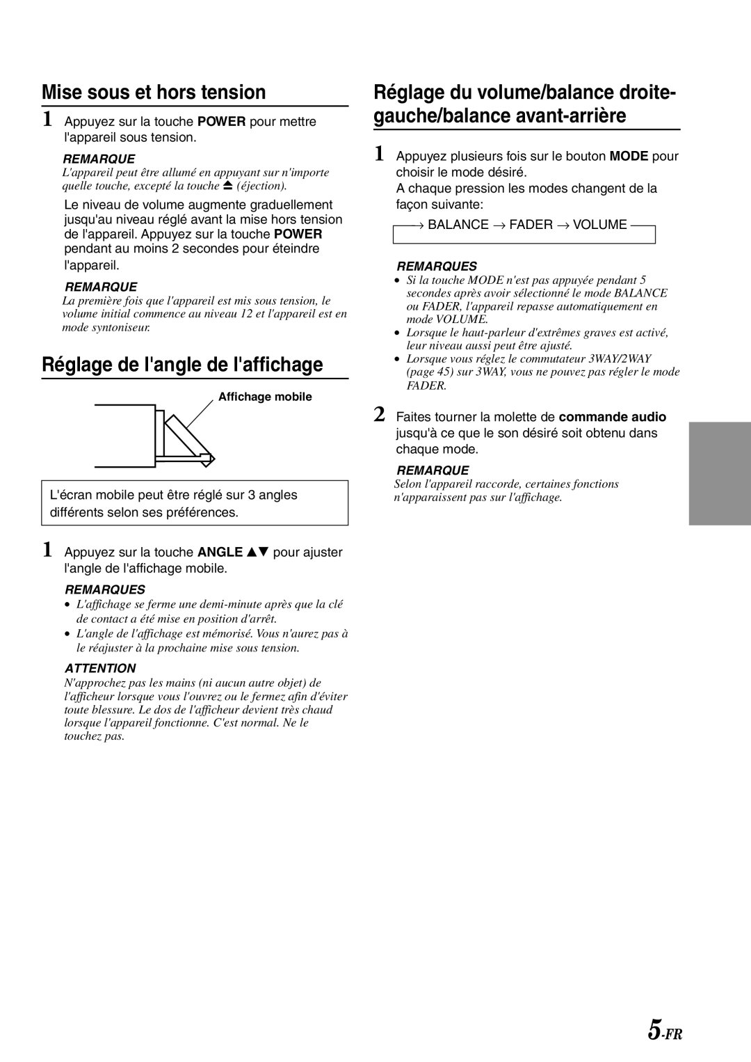 Alpine CDA-7878R owner manual Mise sous et hors tension, Réglage de langle de laffichage, → Balance → Fader → Volume 