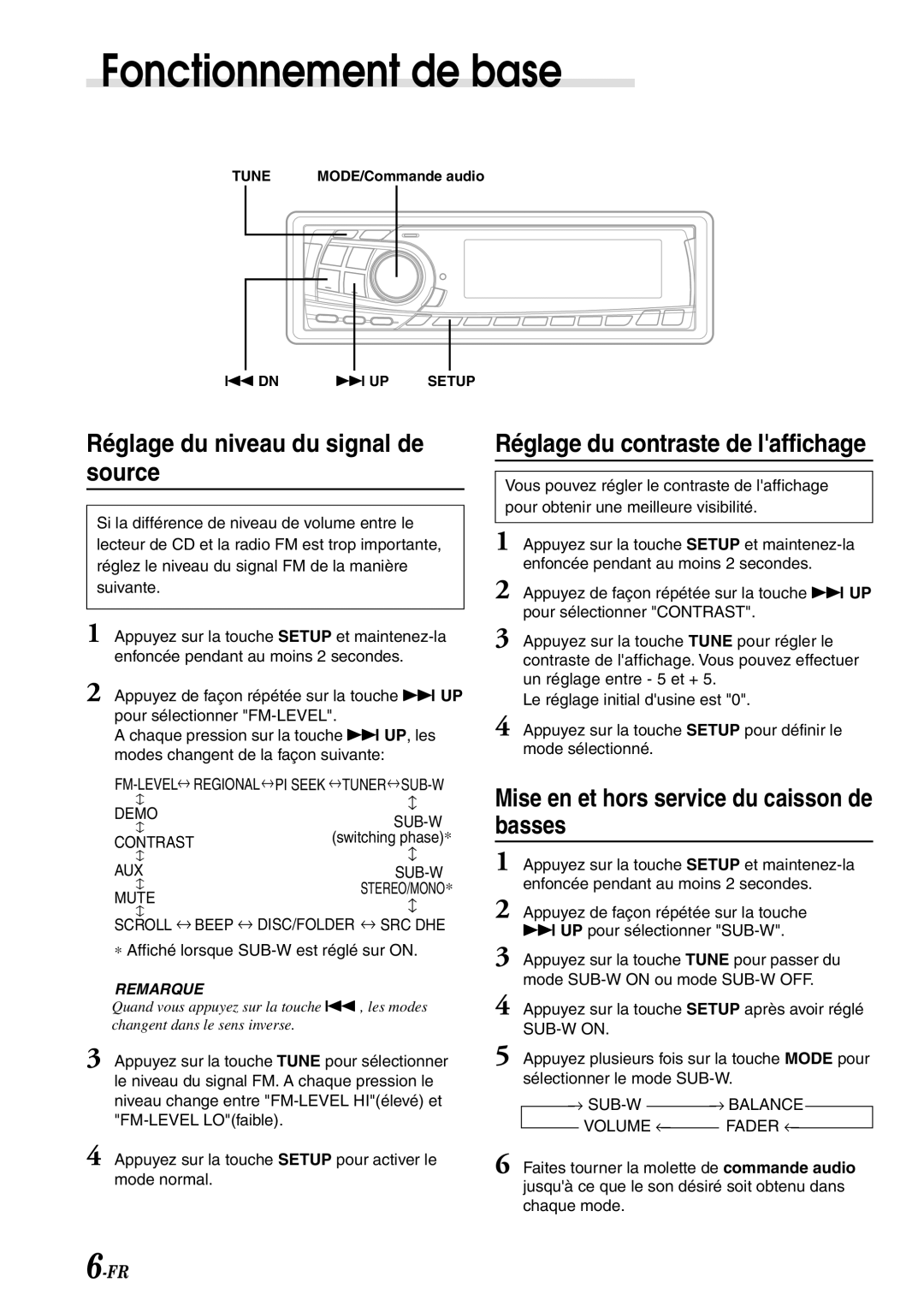 Alpine CDA-7878R owner manual Réglage du niveau du signal de source, Mise en et hors service du caisson de basses 