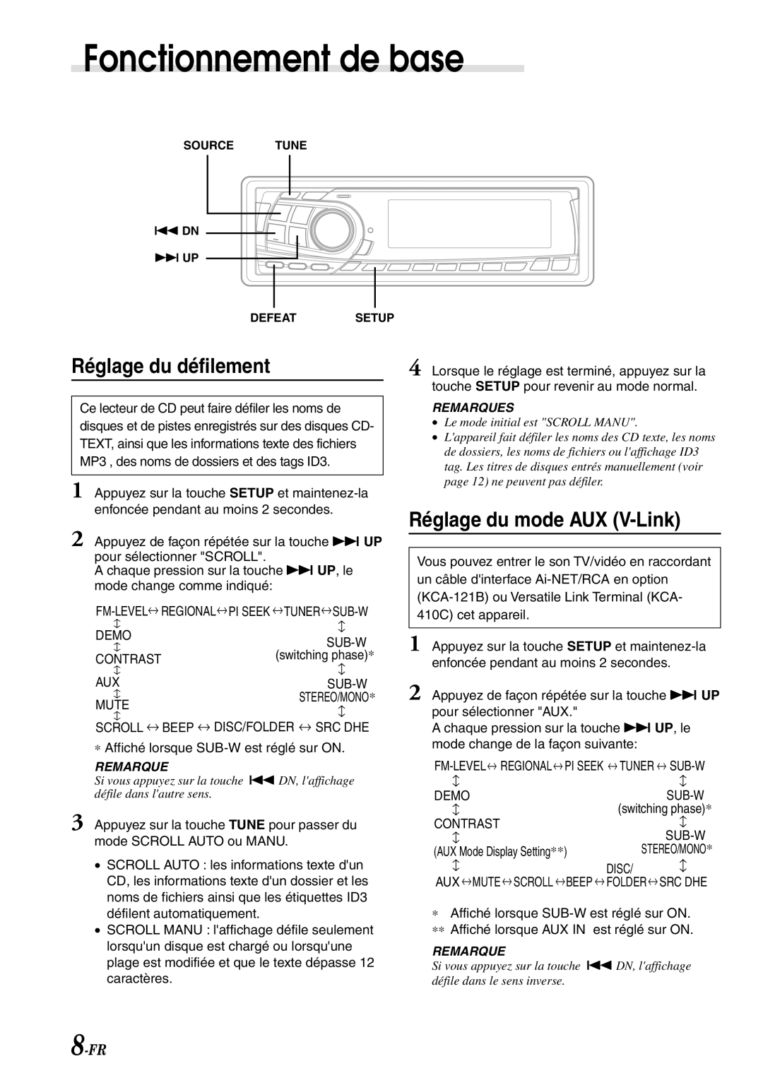 Alpine CDA-7878R owner manual Réglage du défilement, Réglage du mode AUX V-Link, Contrast SUB-W 