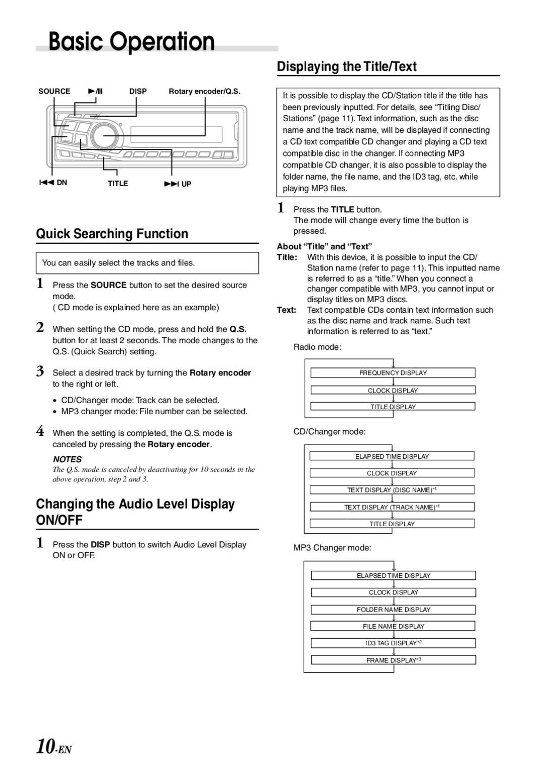 Alpine CDA-7892E owner manual Quick Searching Function, Changing the Audio Level Display, Displaying the Title/Text 