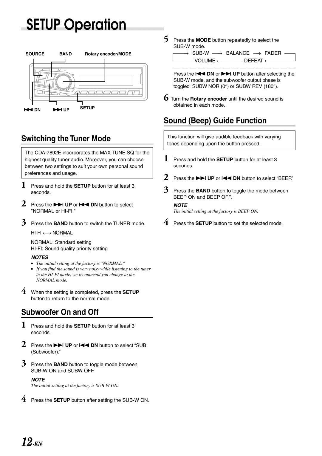 Alpine CDA-7892E owner manual Setup Operation, Switching the Tuner Mode, Subwoofer On and Off, Sound Beep Guide Function 