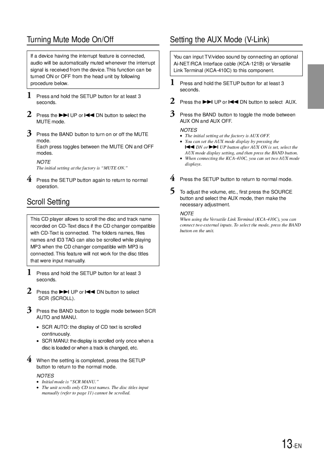 Alpine CDA-7892E owner manual Turning Mute Mode On/Off, Scroll Setting, Setting the AUX Mode V-Link 