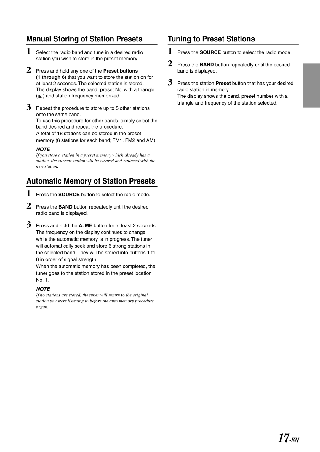 Alpine CDA-7892E Manual Storing of Station Presets, Automatic Memory of Station Presets, Tuning to Preset Stations 