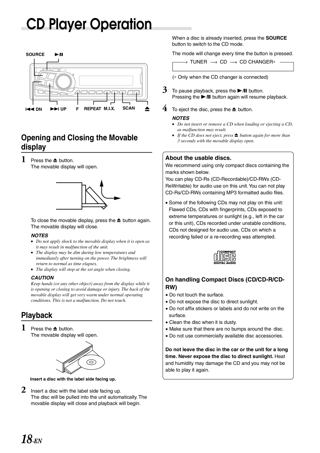 Alpine CDA-7892E owner manual CD Player Operation, Opening and Closing the Movable display, Playback 