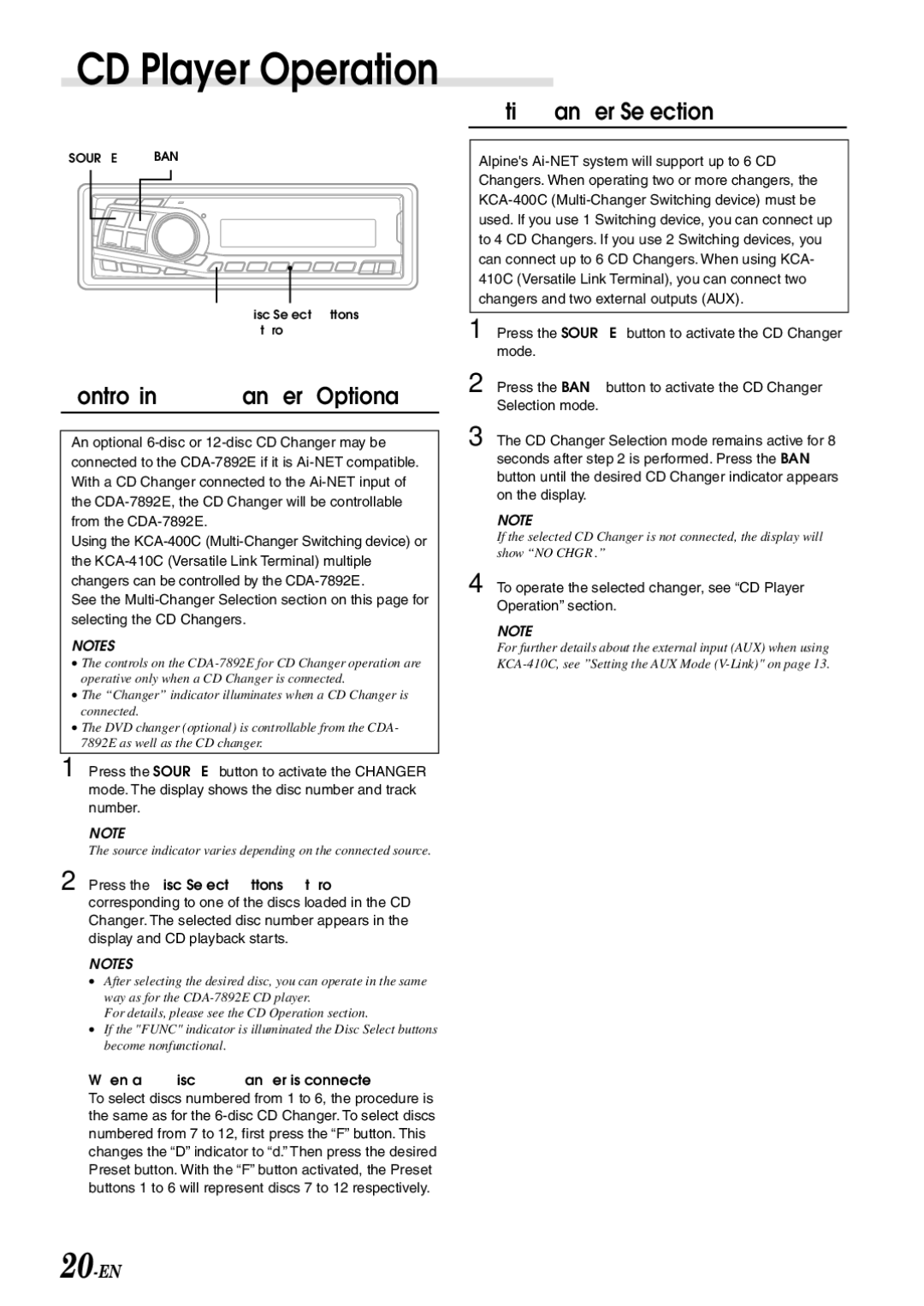 Alpine CDA-7892E Multi-Changer Selection, Controlling CD Changer Optional, When a 12-disc CD Changer is connected 