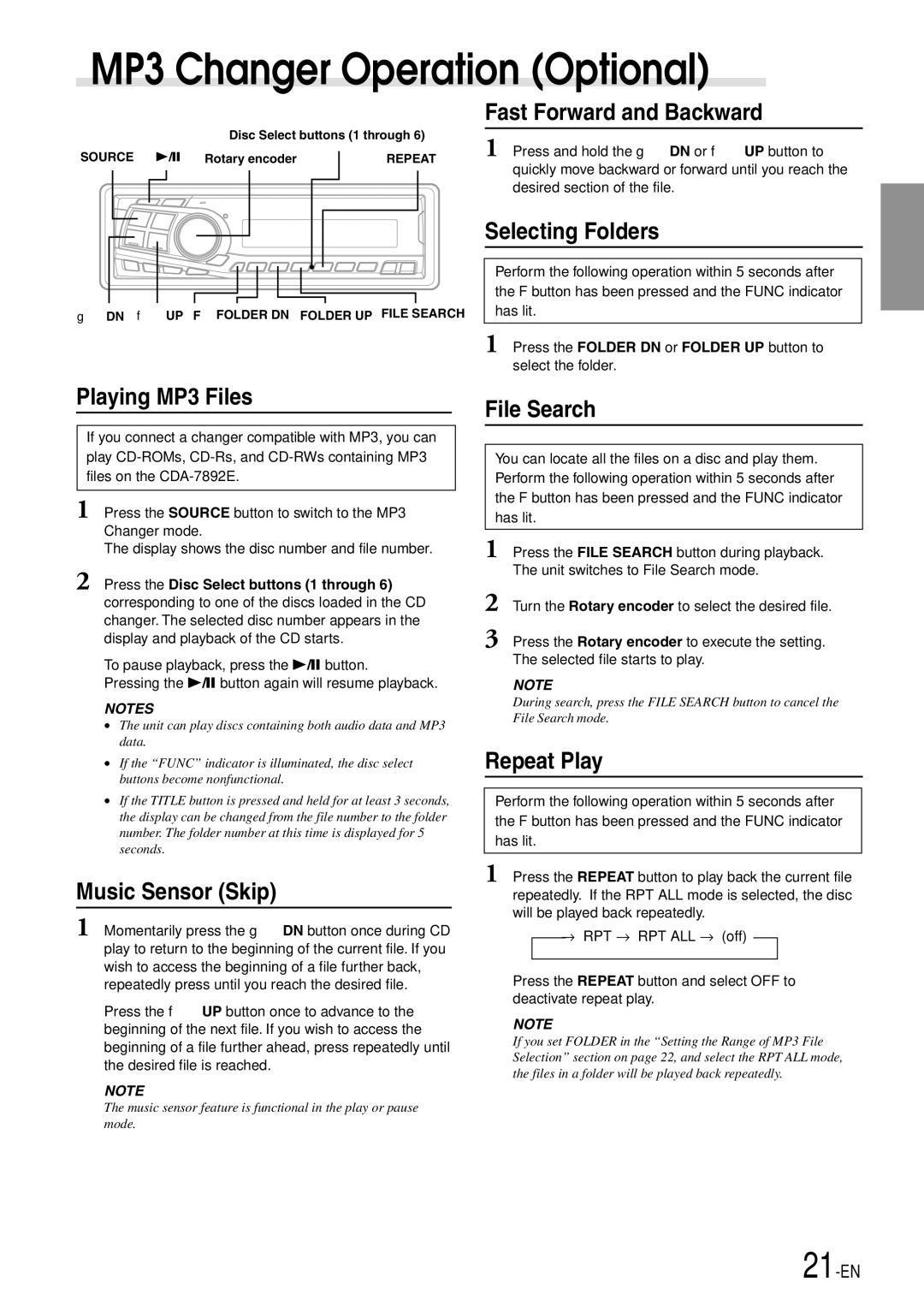 Alpine CDA-7892E owner manual MP3 Changer Operation Optional, Selecting Folders, Playing MP3 Files, File Search 