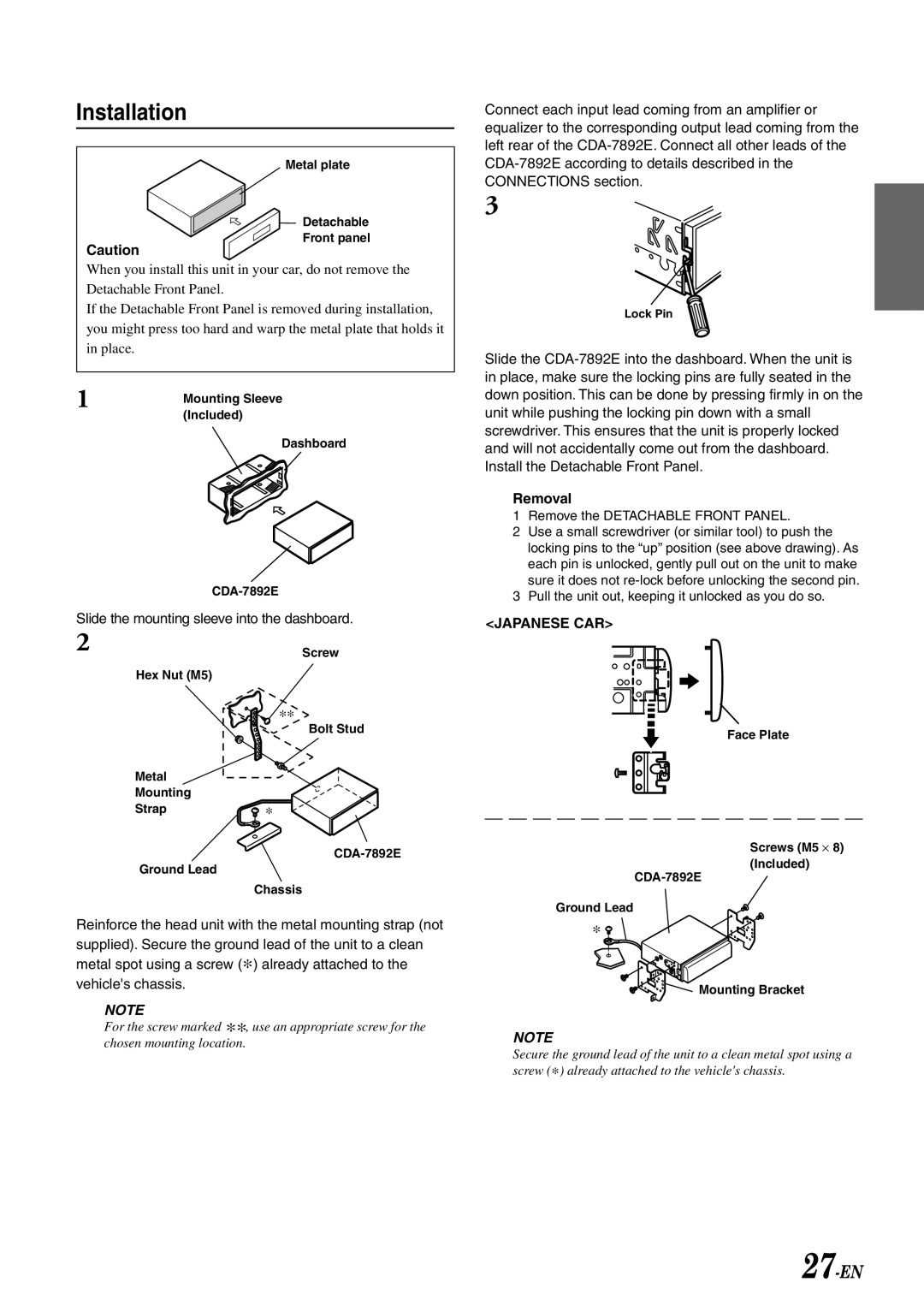 Alpine CDA-7892E owner manual Installation, Removal 