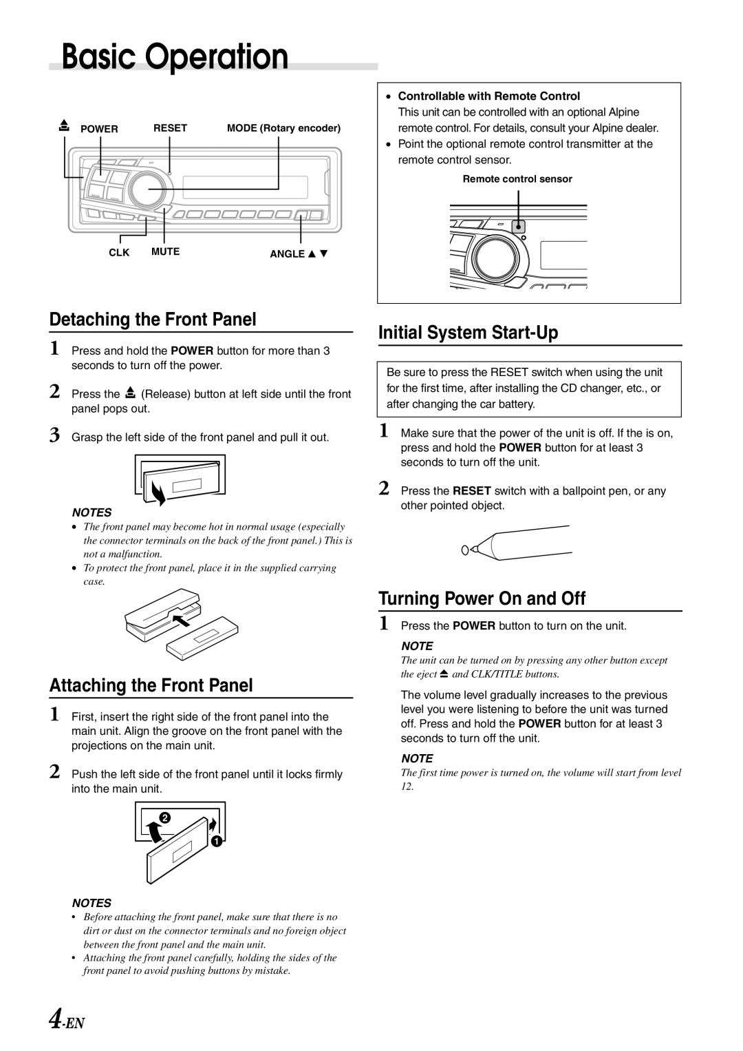 Alpine CDA-7892E Basic Operation, Detaching the Front Panel, Attaching the Front Panel, Initial System Start-Up 