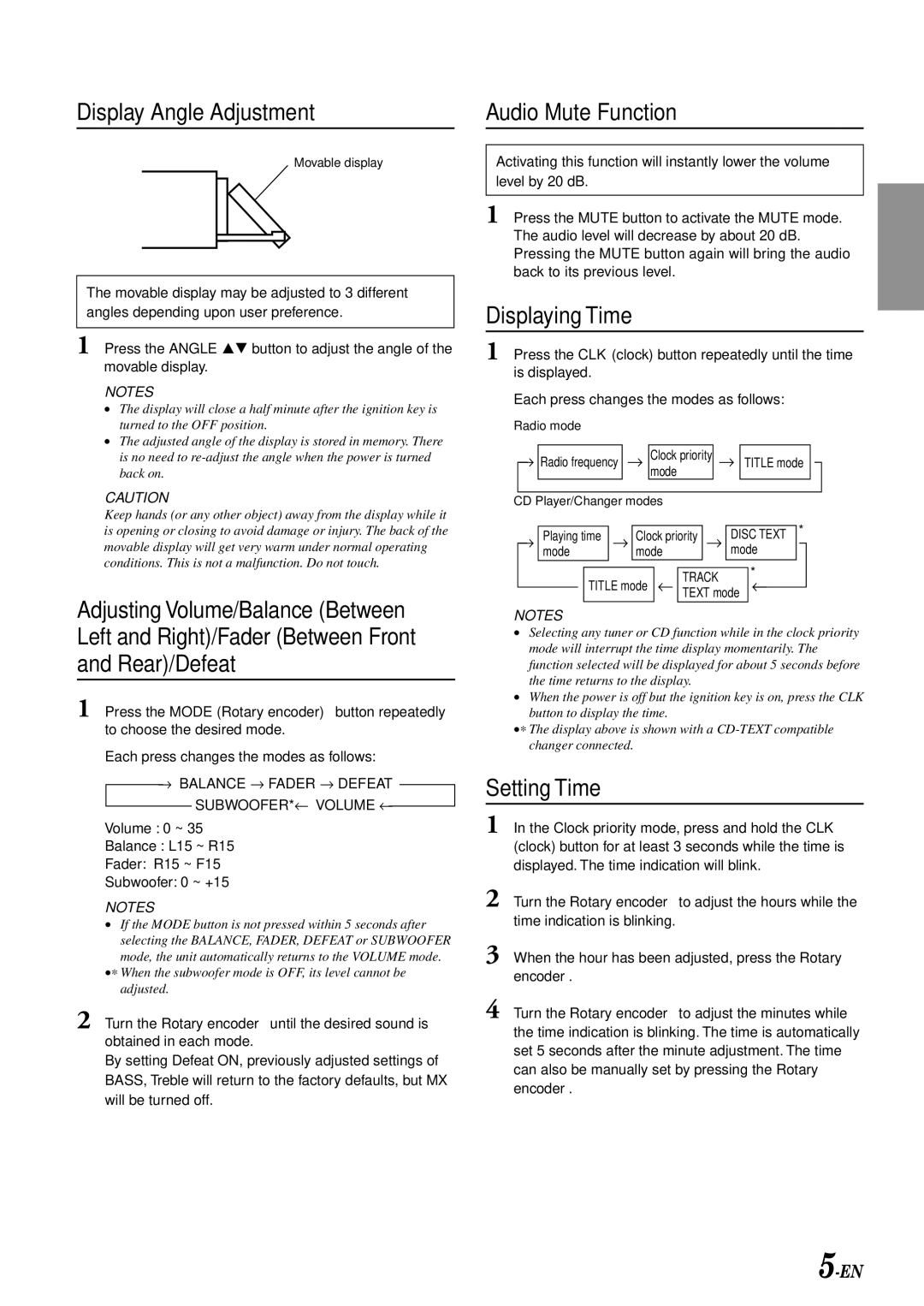 Alpine CDA-7892E owner manual Display Angle Adjustment Audio Mute Function, Displaying Time, Setting Time 