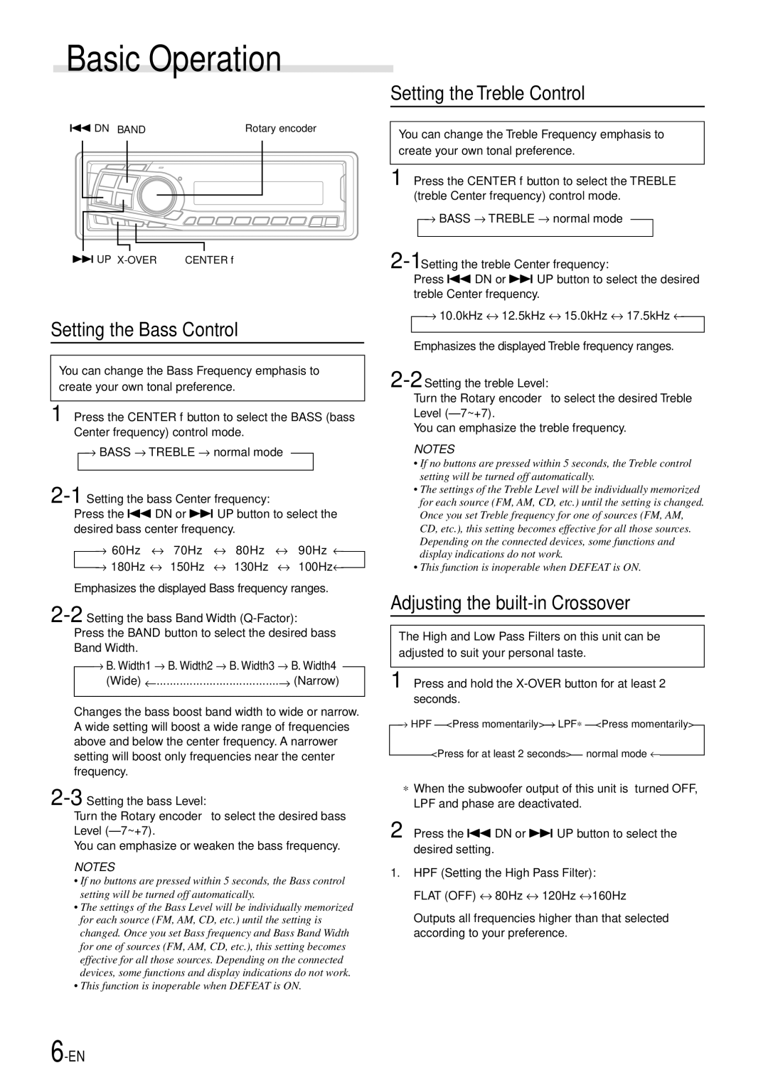 Alpine CDA-7892E owner manual Setting the Bass Control, Setting the Treble Control, Adjusting the built-in Crossover 