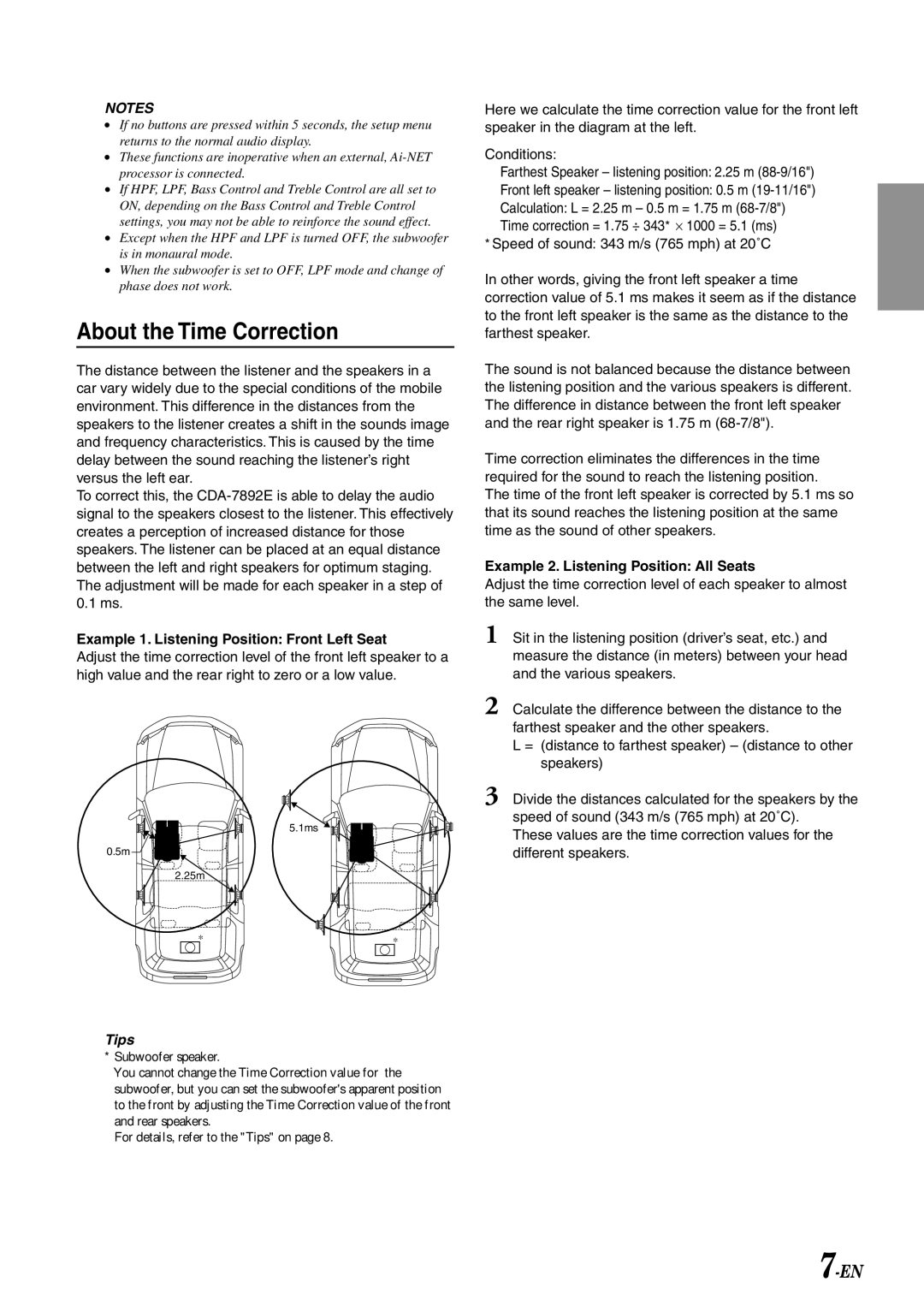 Alpine CDA-7892E owner manual About the Time Correction, Example 1. Listening Position Front Left Seat 