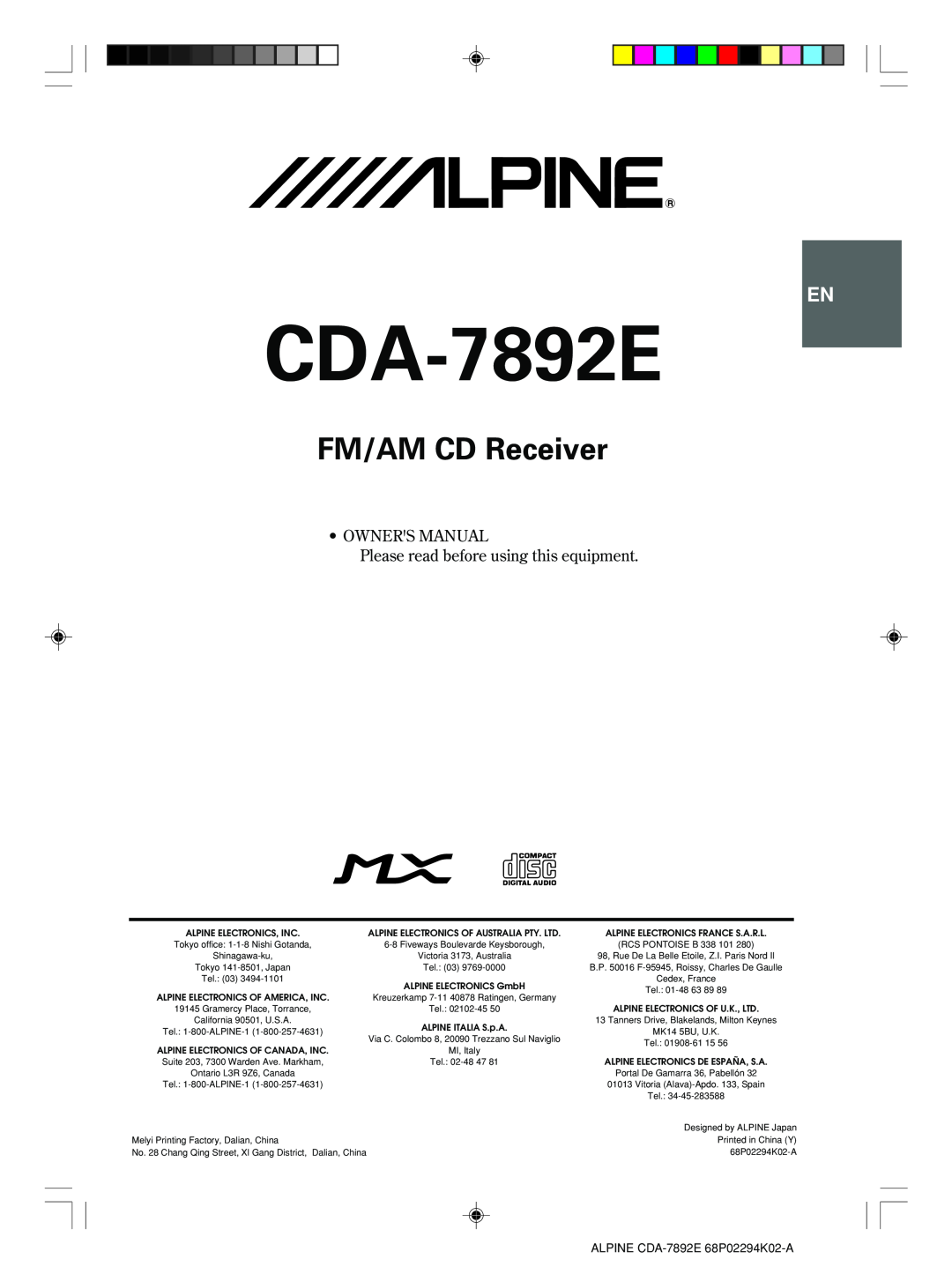 Alpine CDA-7892E owner manual FM/AM CD Receiver, Please read before using this equipment 