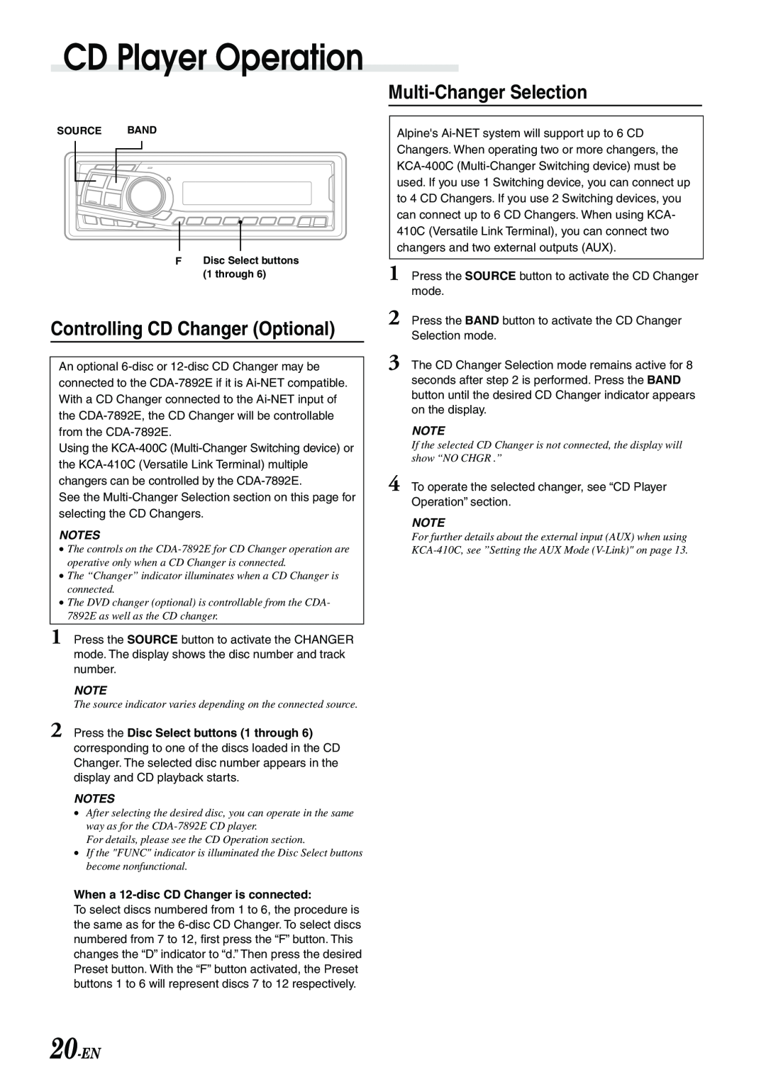 Alpine CDA-7892E owner manual Multi-ChangerSelection, Controlling CD Changer Optional, 20-EN, CD Player Operation 