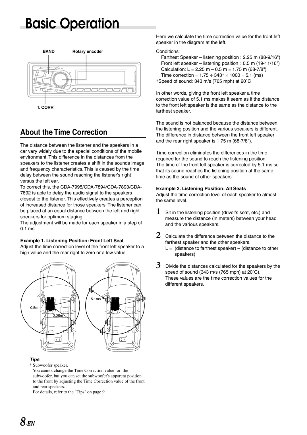 Alpine CDA-7893, CDA-7894, CDA-7892 owner manual About the Time Correction, Example 1. Listening Position Front Left Seat 