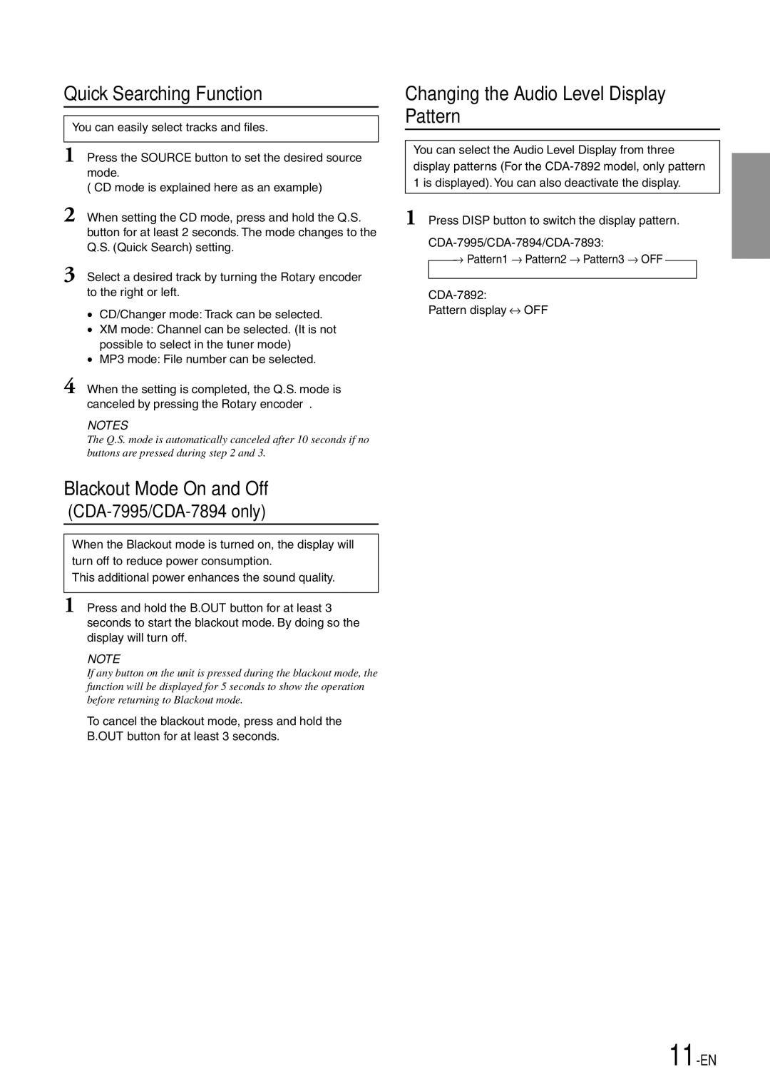 Alpine CDA-7893, CDA-7894 Quick Searching Function, Blackout Mode On and Off, Changing the Audio Level Display Pattern 