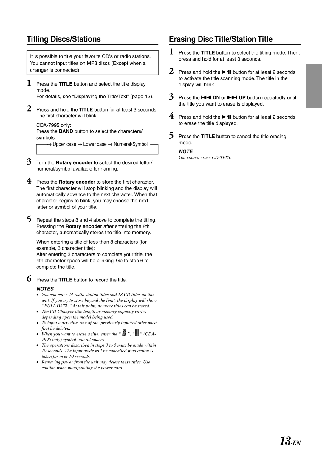 Alpine CDA-7894, CDA-7893, CDA-7892 owner manual Titling Discs/Stations, Erasing Disc Title/Station Title 