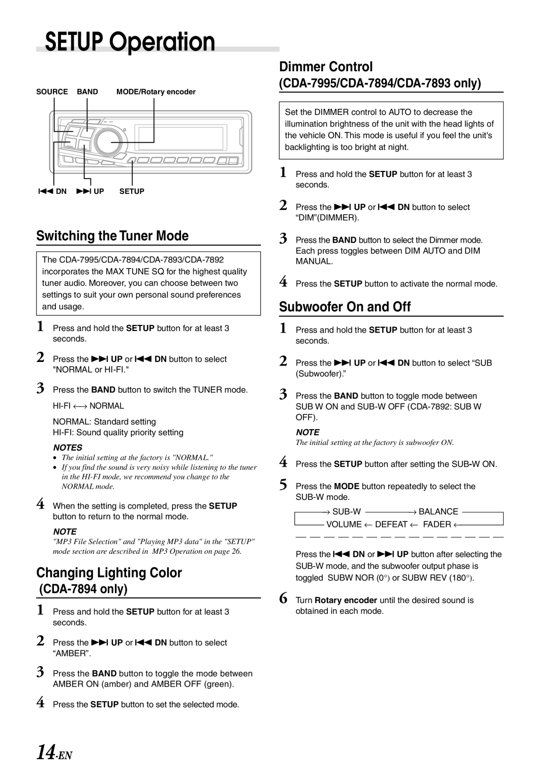 Alpine CDA-7893, CDA-7894, CDA-7892 Setup Operation, Switching the Tuner Mode, Changing Lighting Color, Dimmer Control 